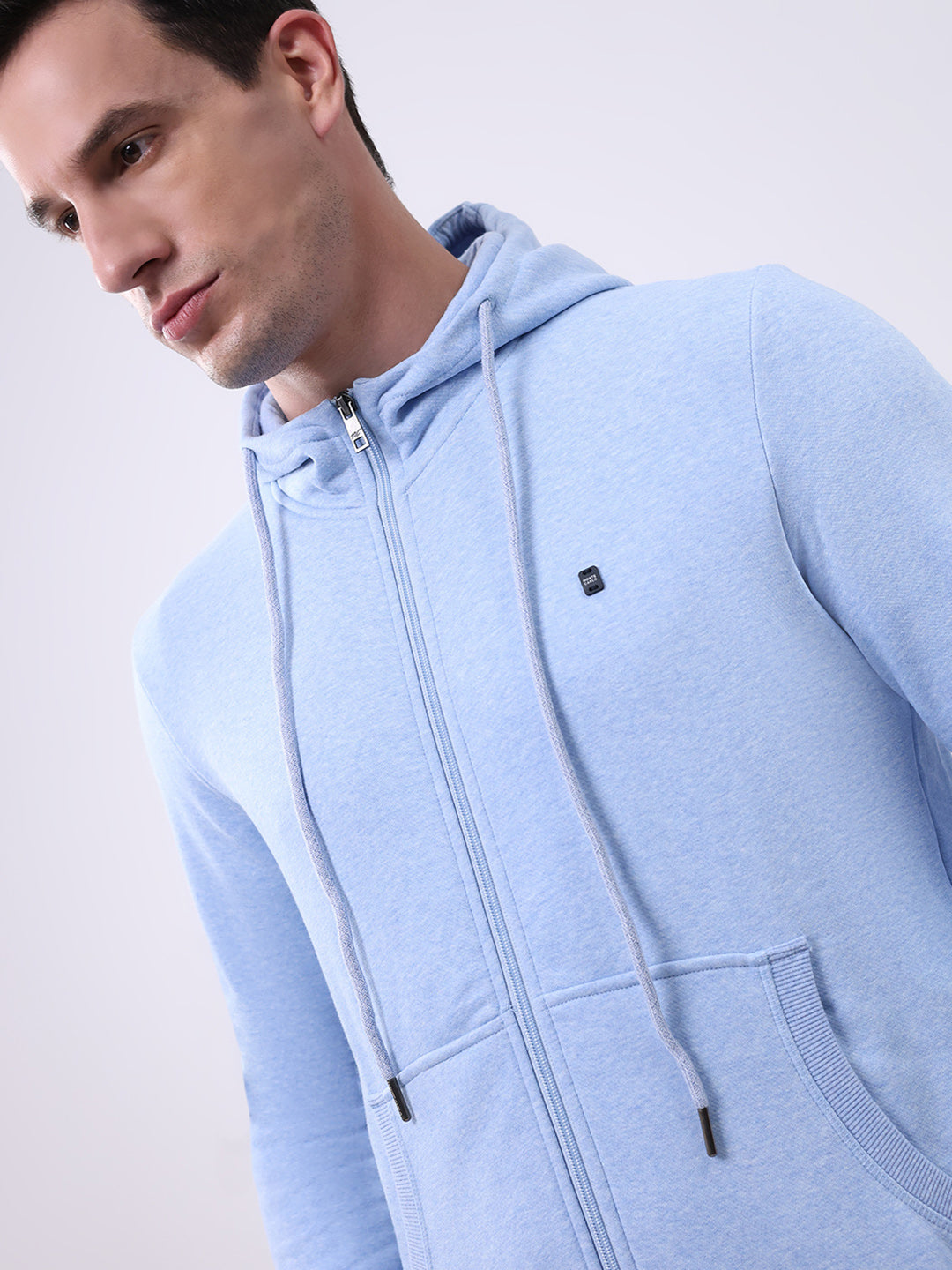 Men Sky Blue Solid Hooded Full Sleeve Sweatshirt