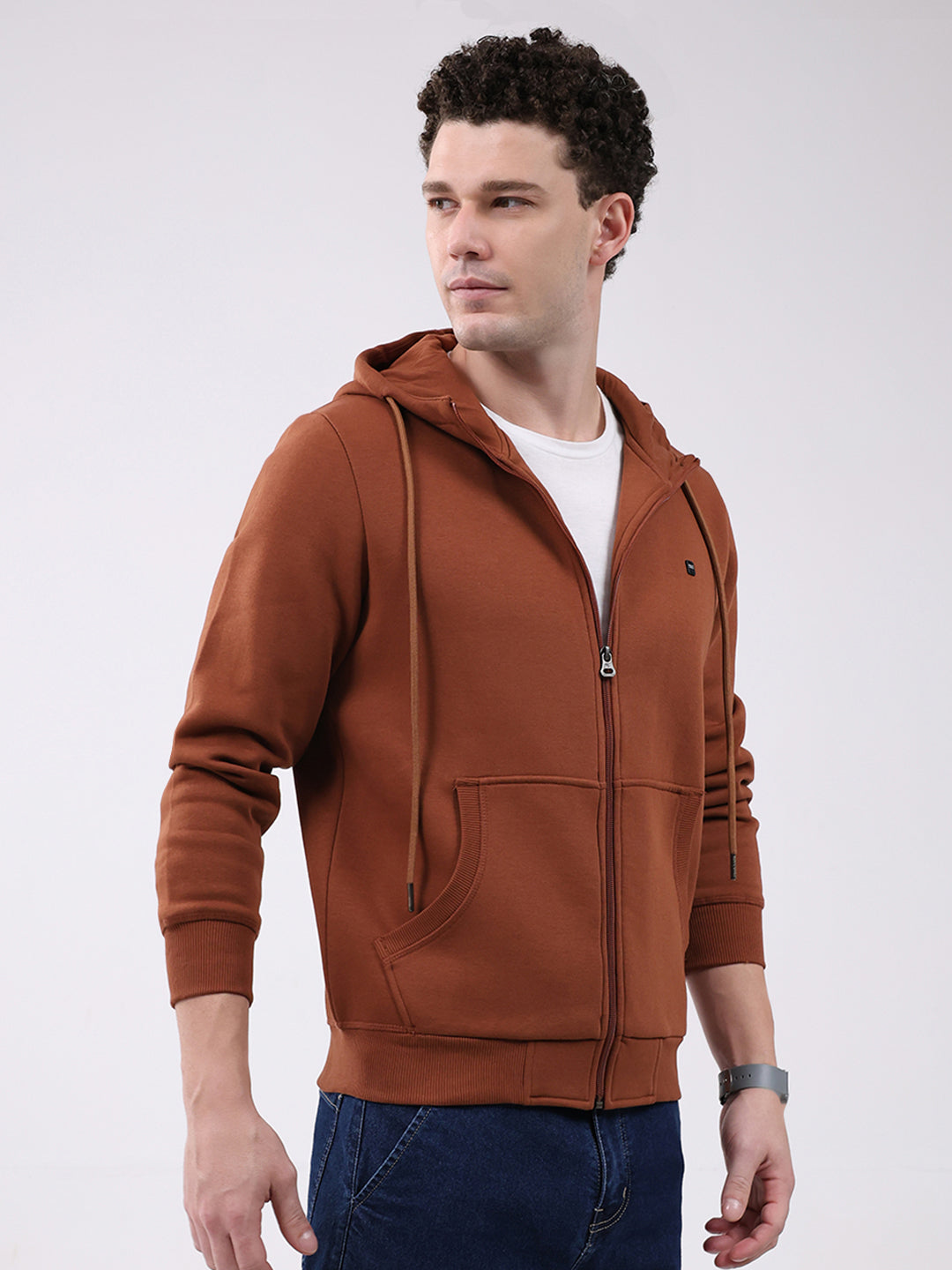 Men Brown Solid Hooded Full Sleeve Sweatshirt