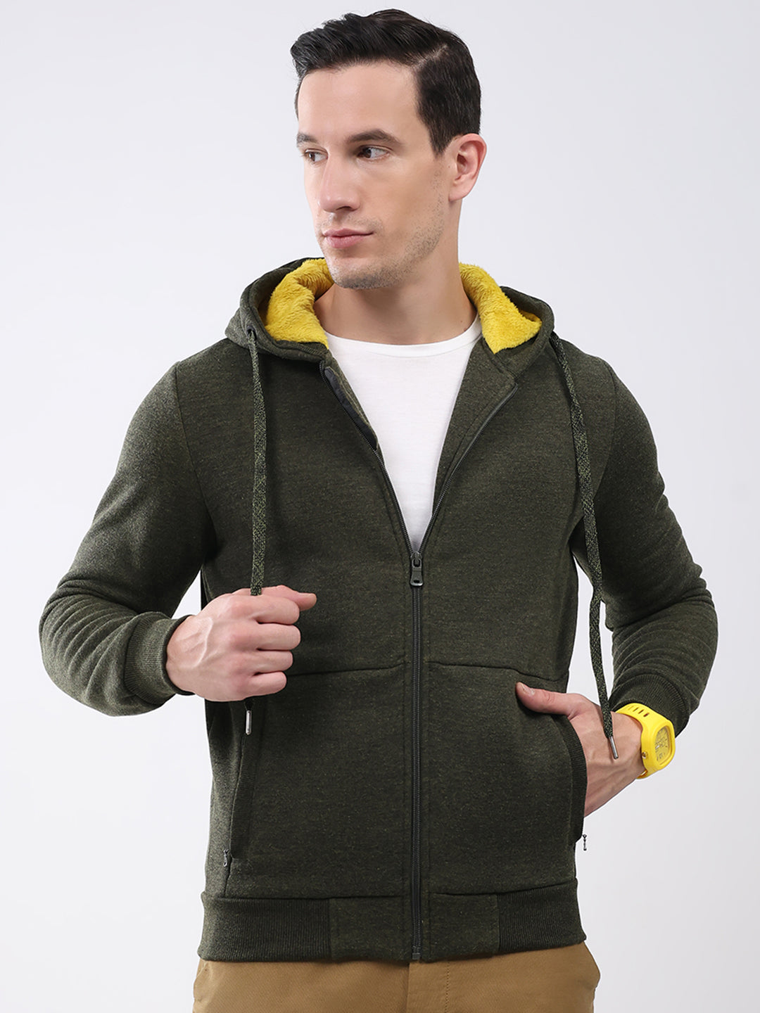 Men Green Solid Hooded Full Sleeve Sweatshirt