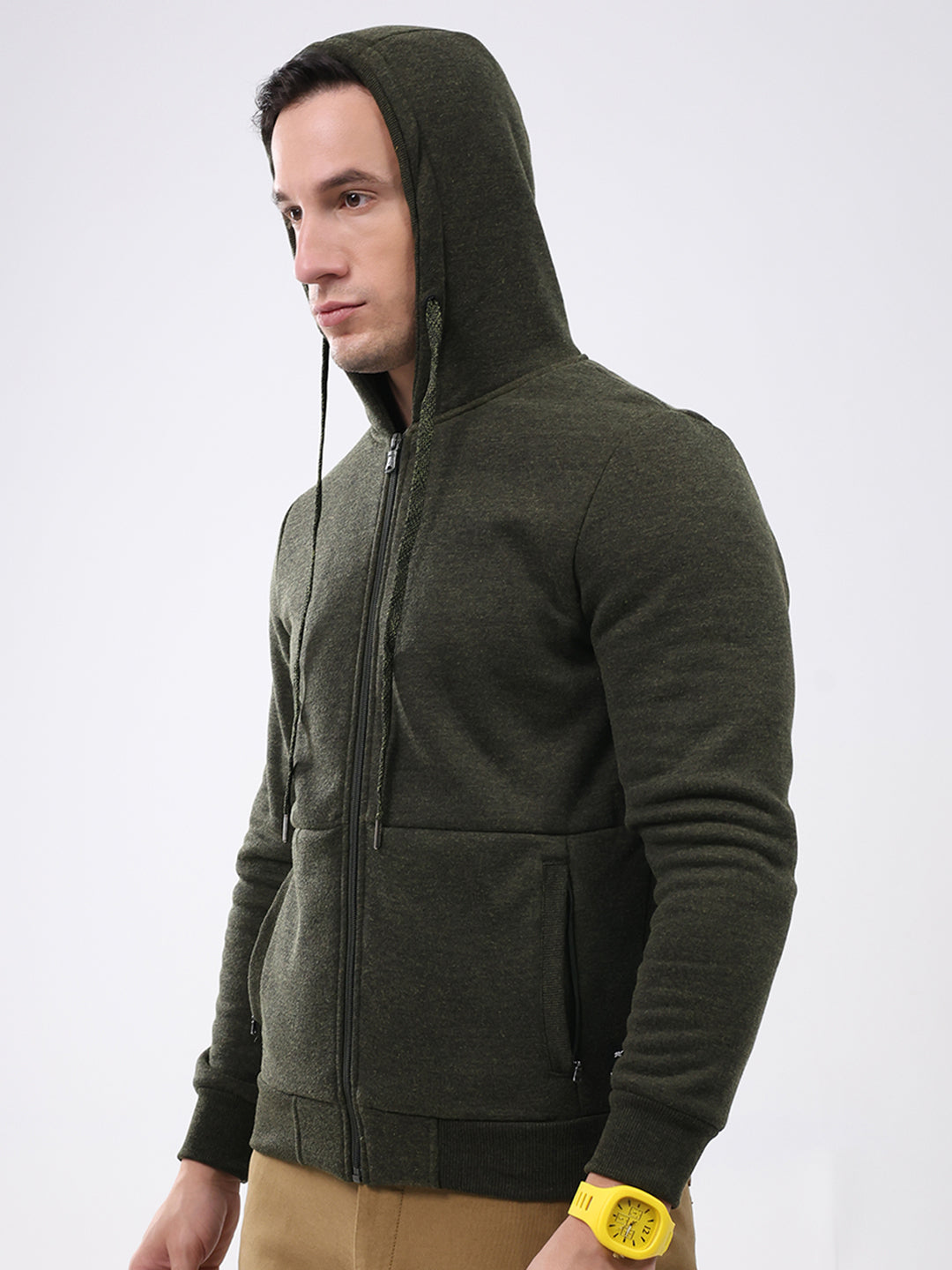 Men Green Solid Hooded Full Sleeve Sweatshirt