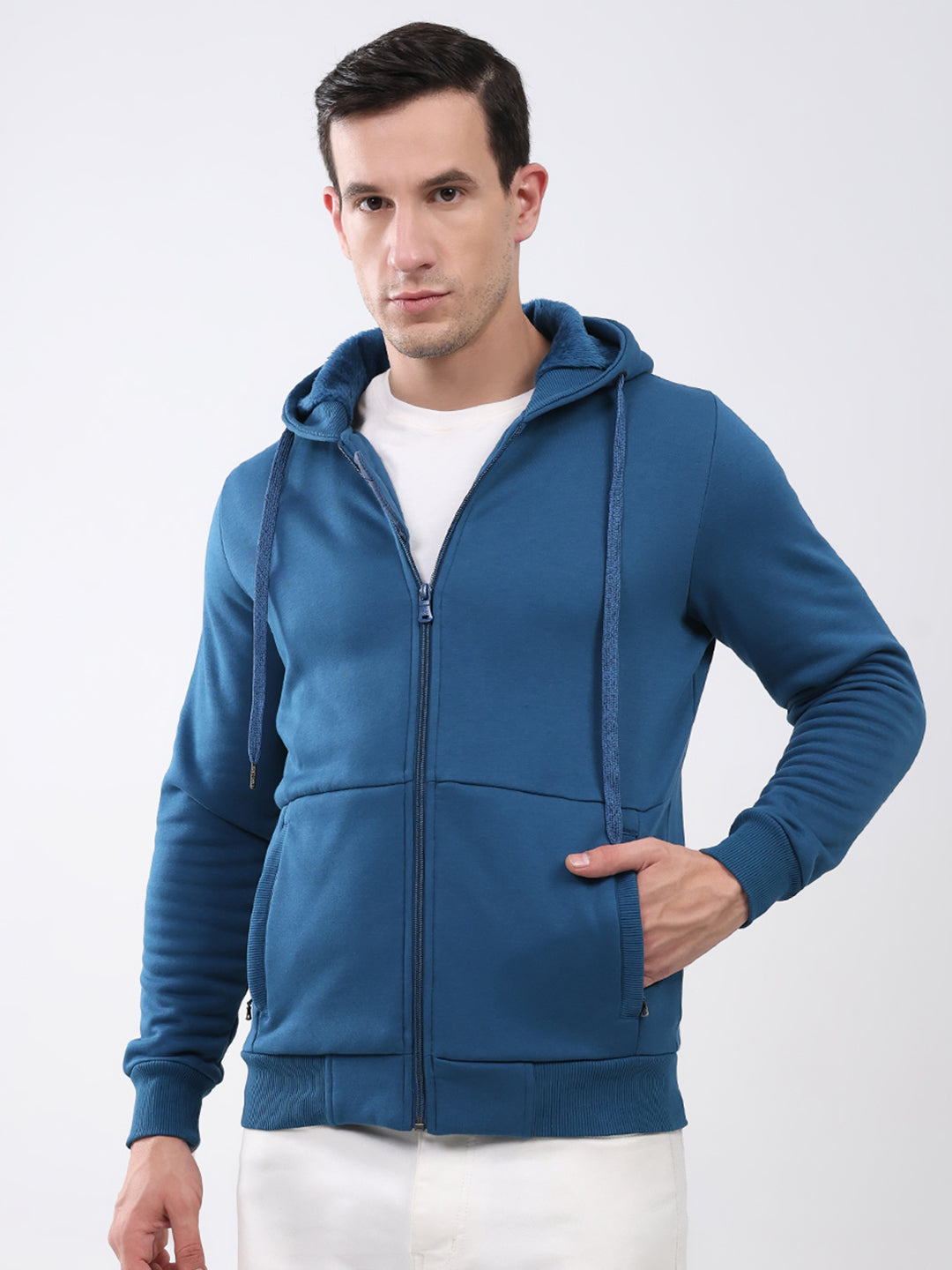 Men Teal Blue Solid Hooded Full Sleeve Sweatshirt