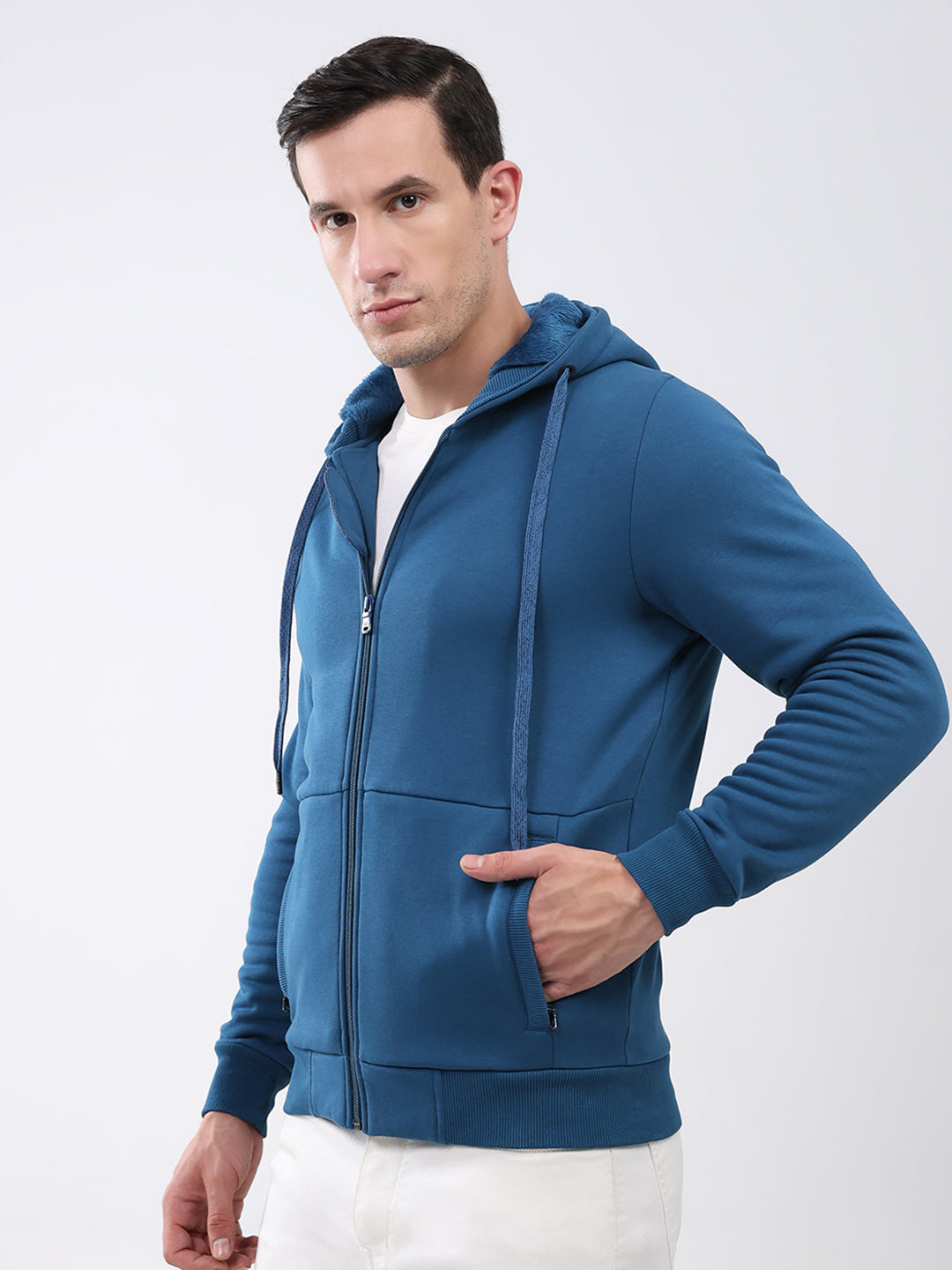 Men Teal Blue Solid Hooded Full Sleeve Sweatshirt