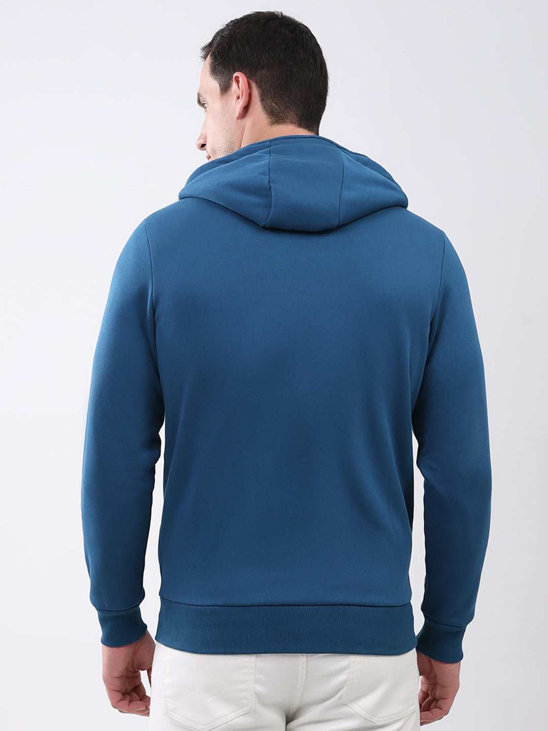 Men Teal Blue Solid Hooded Full Sleeve Sweatshirt