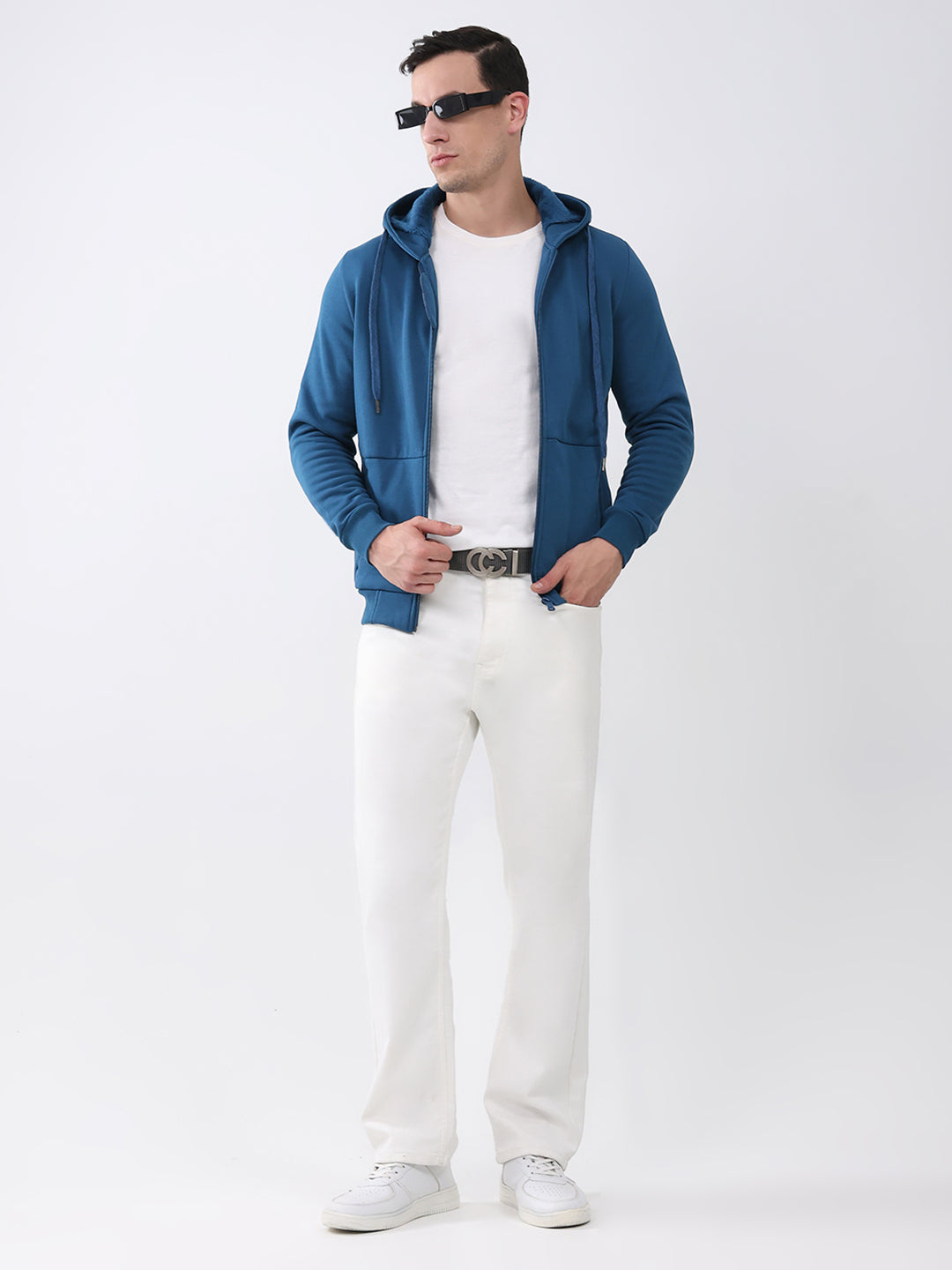 Men Teal Blue Solid Hooded Full Sleeve Sweatshirt