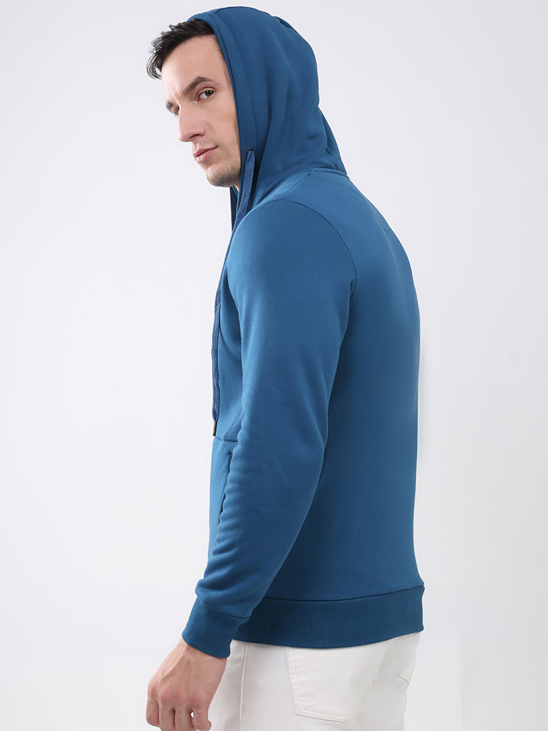 Men Teal Blue Solid Hooded Full Sleeve Sweatshirt