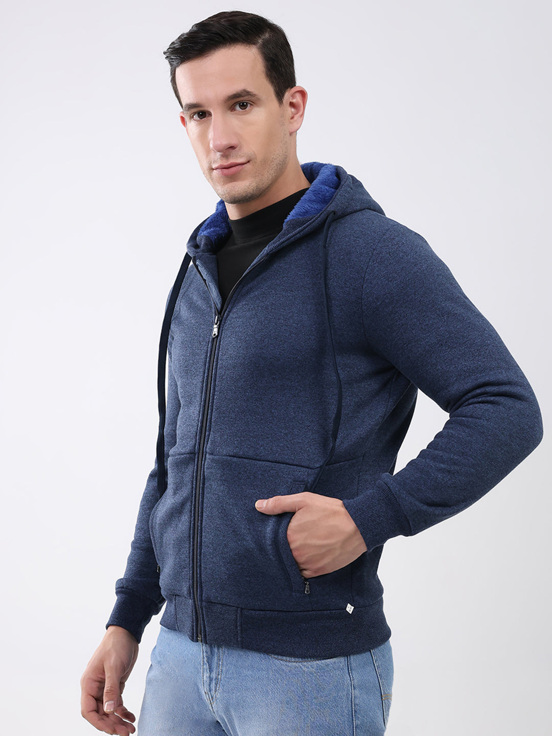 Men Navy Blue Solid Hooded Full Sleeve Sweatshirt