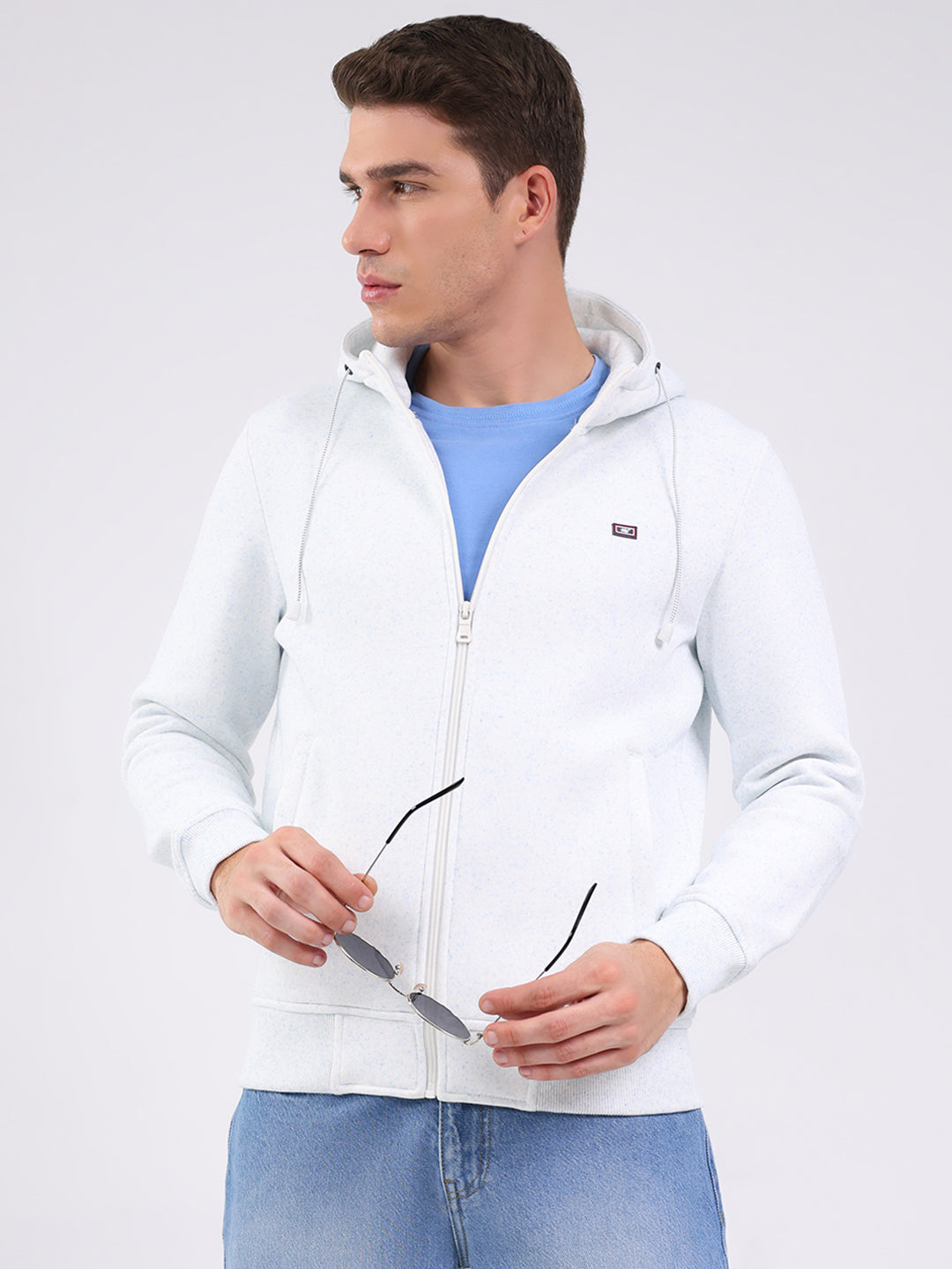 Men Off White Solid Hooded Full Sleeve Sweatshirt