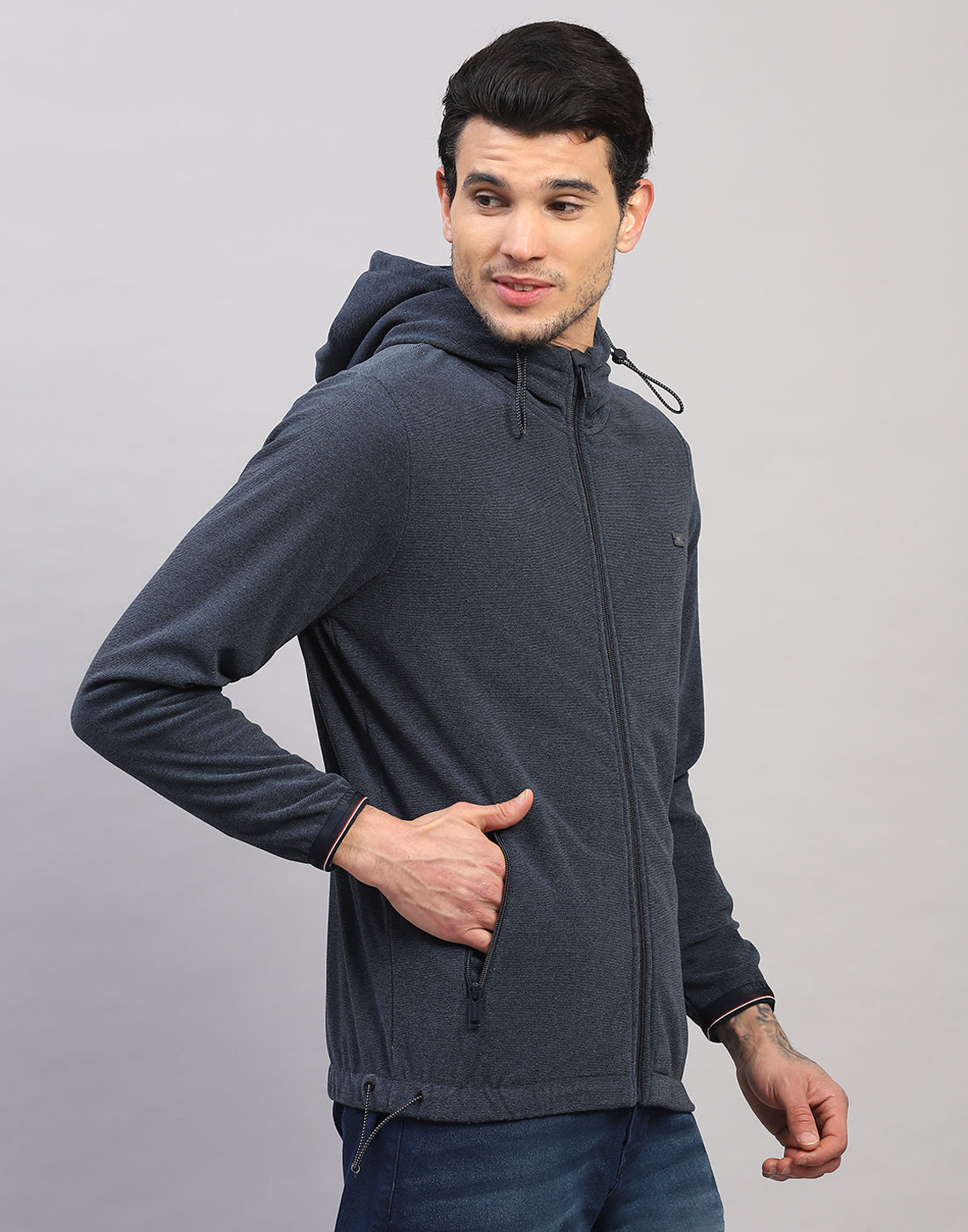 Men Blue Solid Hooded Full Sleeve Sweatshirt