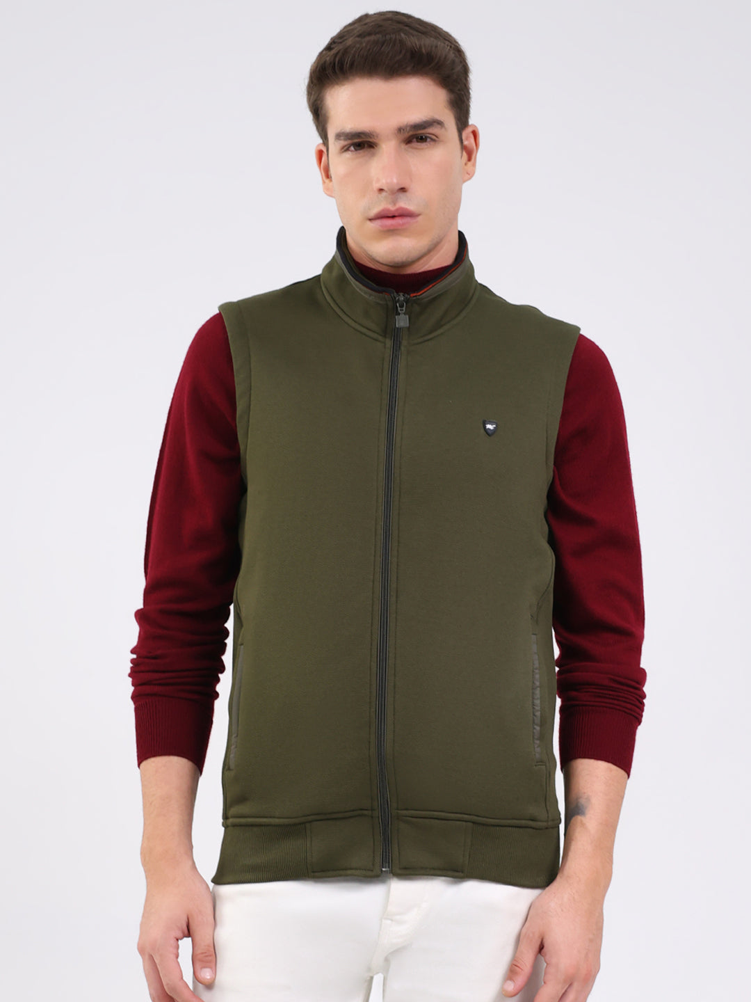 Men Olive Solid Mock Neck Sleeveless Sweatshirt