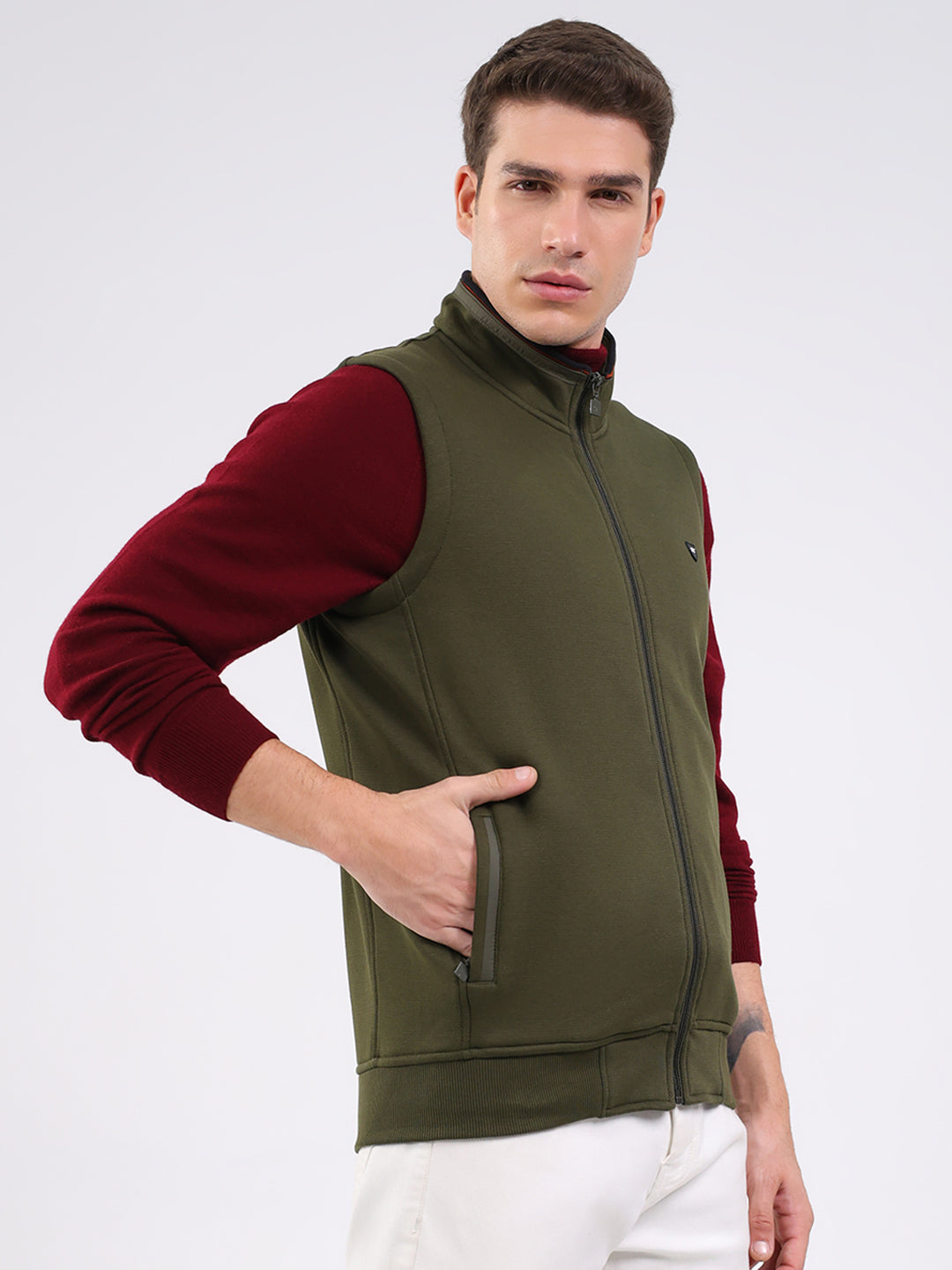 Men Olive Solid Mock Neck Sleeveless Sweatshirt