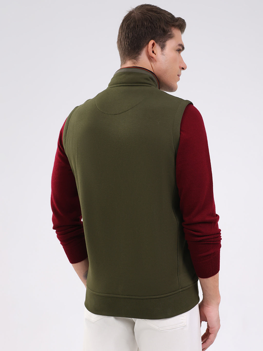 Men Olive Solid Mock Neck Sleeveless Sweatshirt