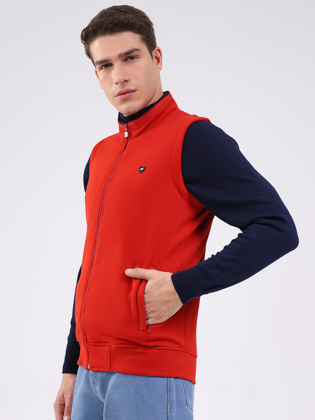 Men Rust Solid Mock Neck Sleeveless Sweatshirt
