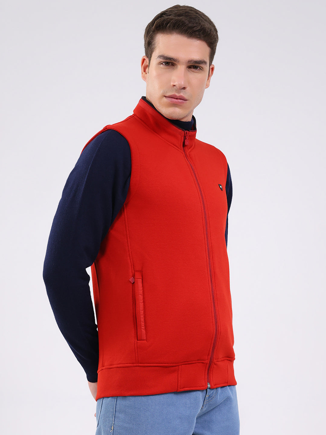 Men Rust Solid Mock Neck Sleeveless Sweatshirt