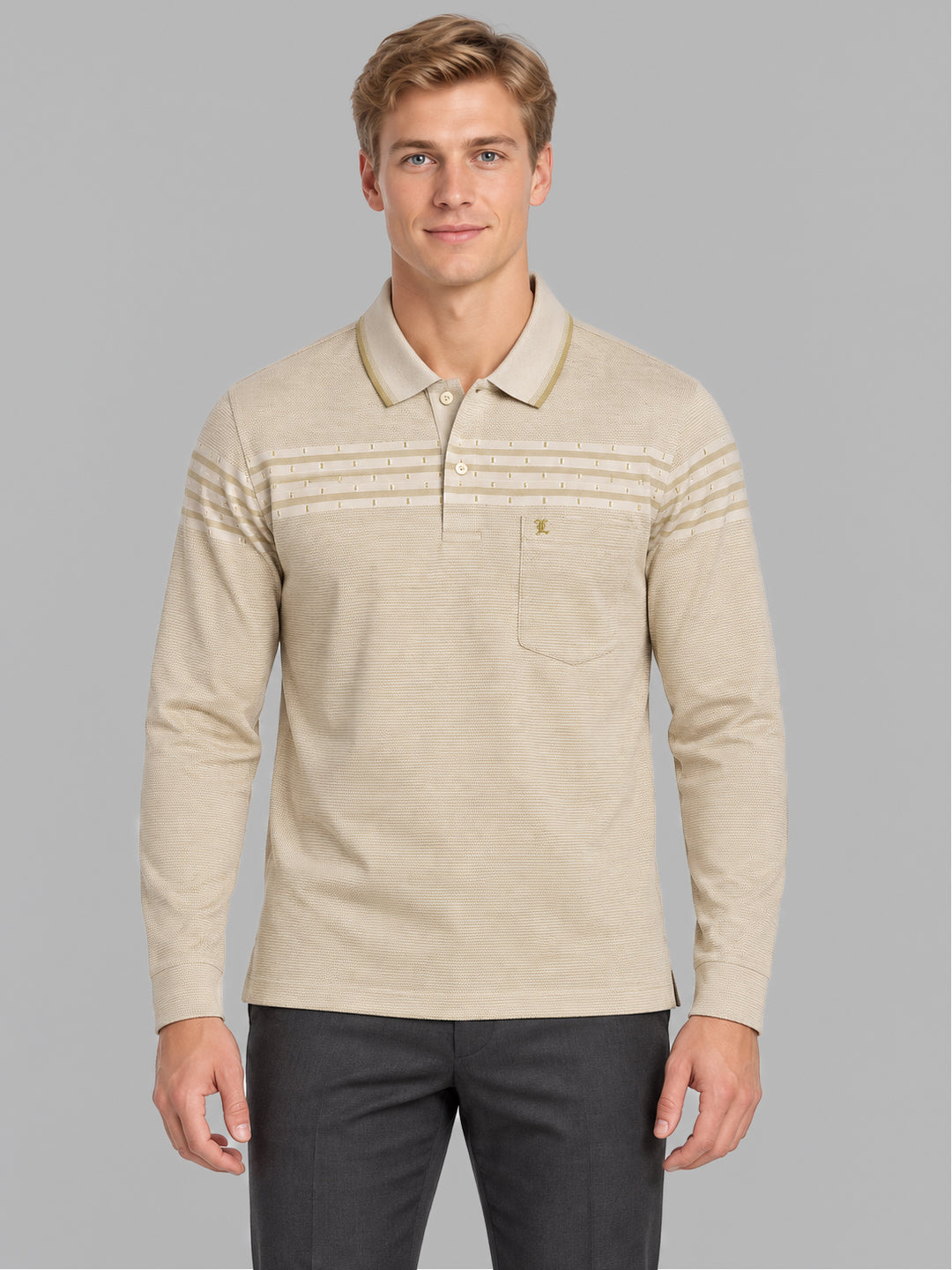 Men Camel Brown Jacquard Polo Collar Full Sleeve Winter T-Shirt