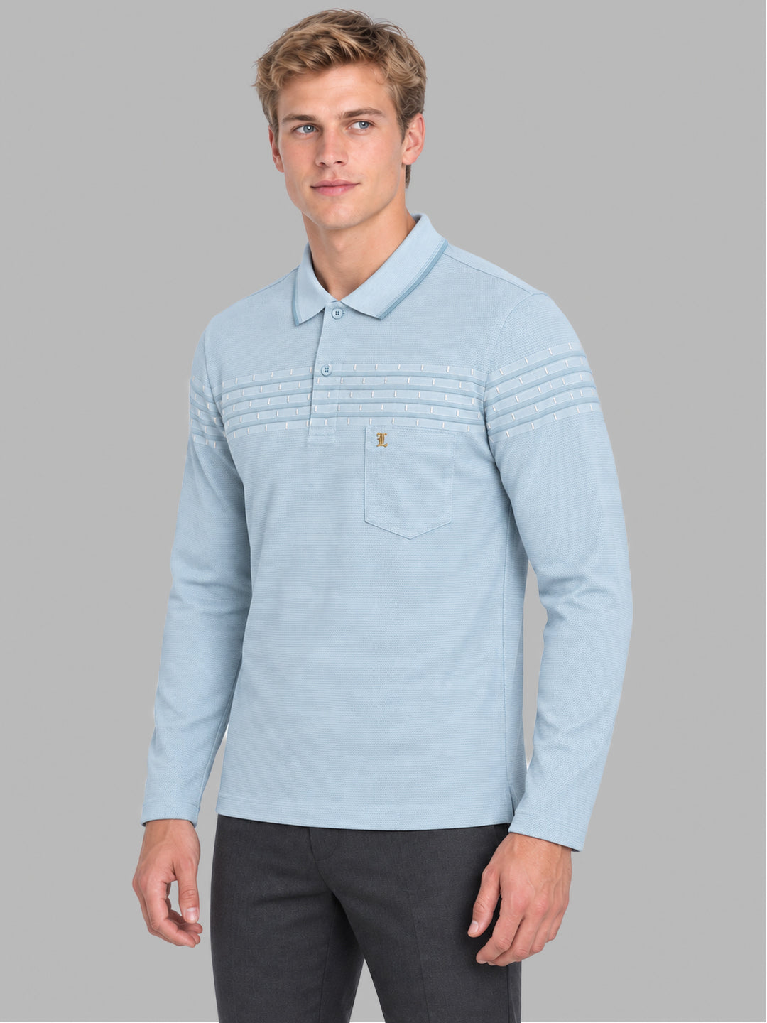Men Sky Blue Jacquard Polo Collar Full Sleeve Winter T-Shirt