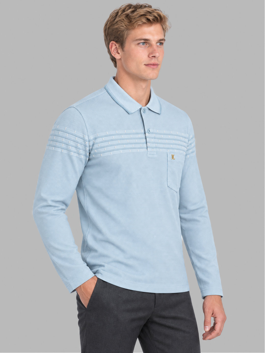 Men Sky Blue Jacquard Polo Collar Full Sleeve Winter T-Shirt