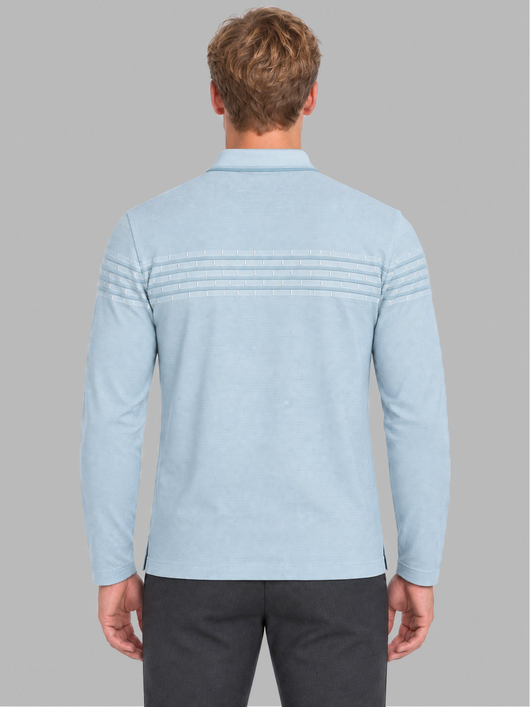Men Sky Blue Jacquard Polo Collar Full Sleeve Winter T-Shirt