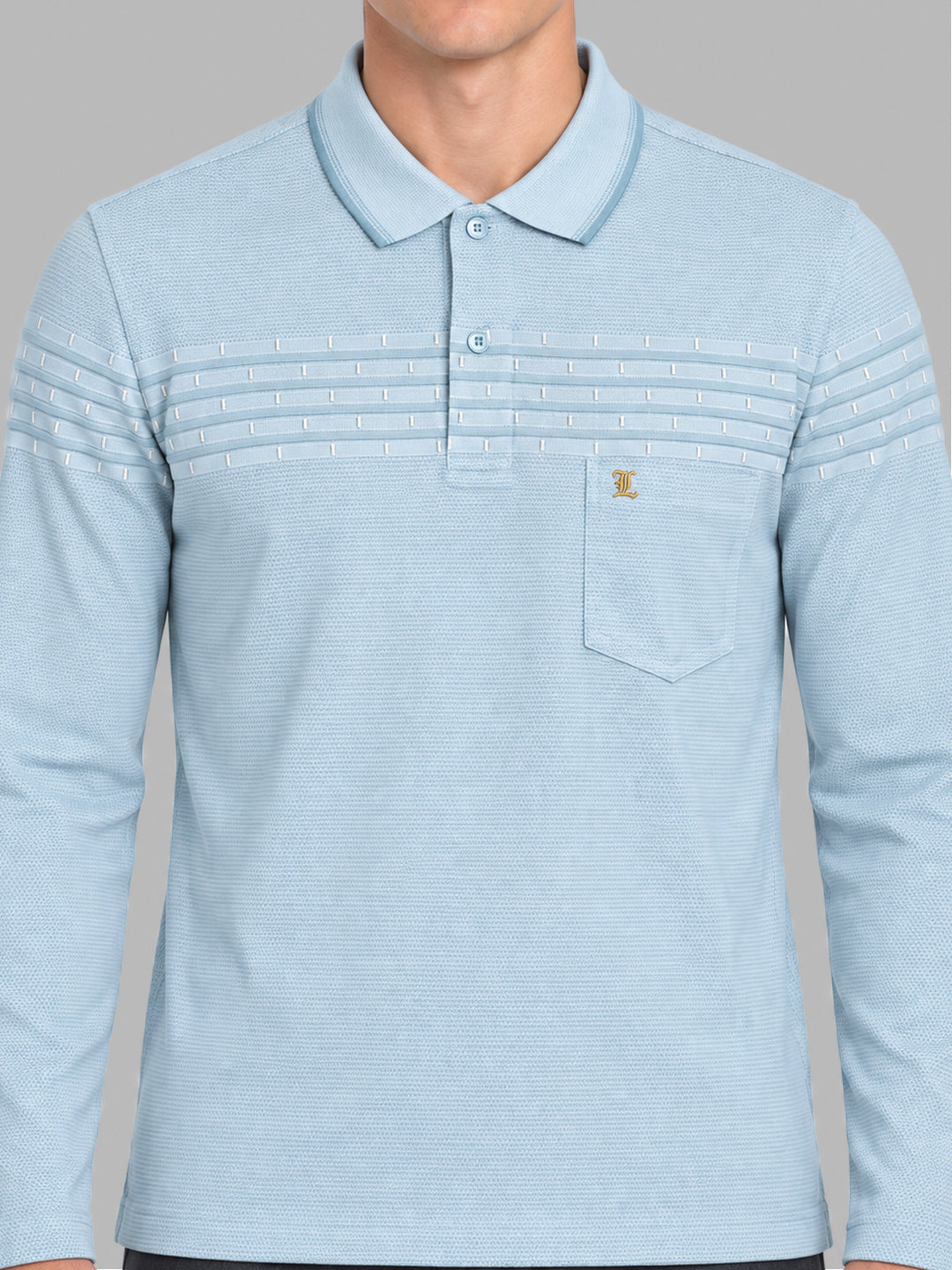Men Sky Blue Jacquard Polo Collar Full Sleeve Winter T-Shirt