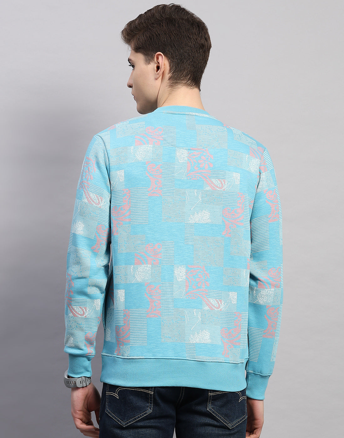 Men Sky Blue Printed Round Neck Full Sleeve Sweatshirt