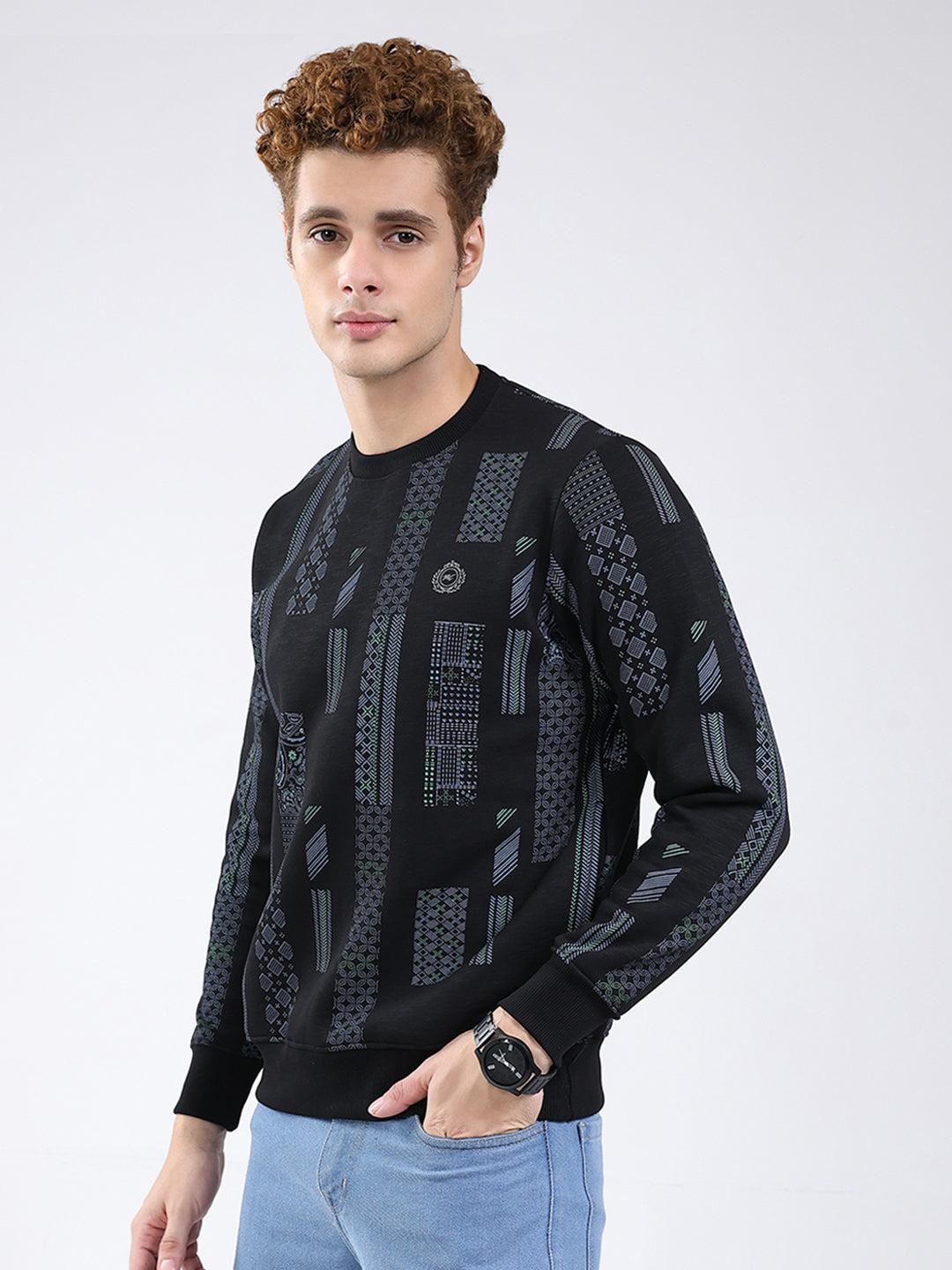 Men Black Printed Round Neck Full Sleeve Sweatshirt