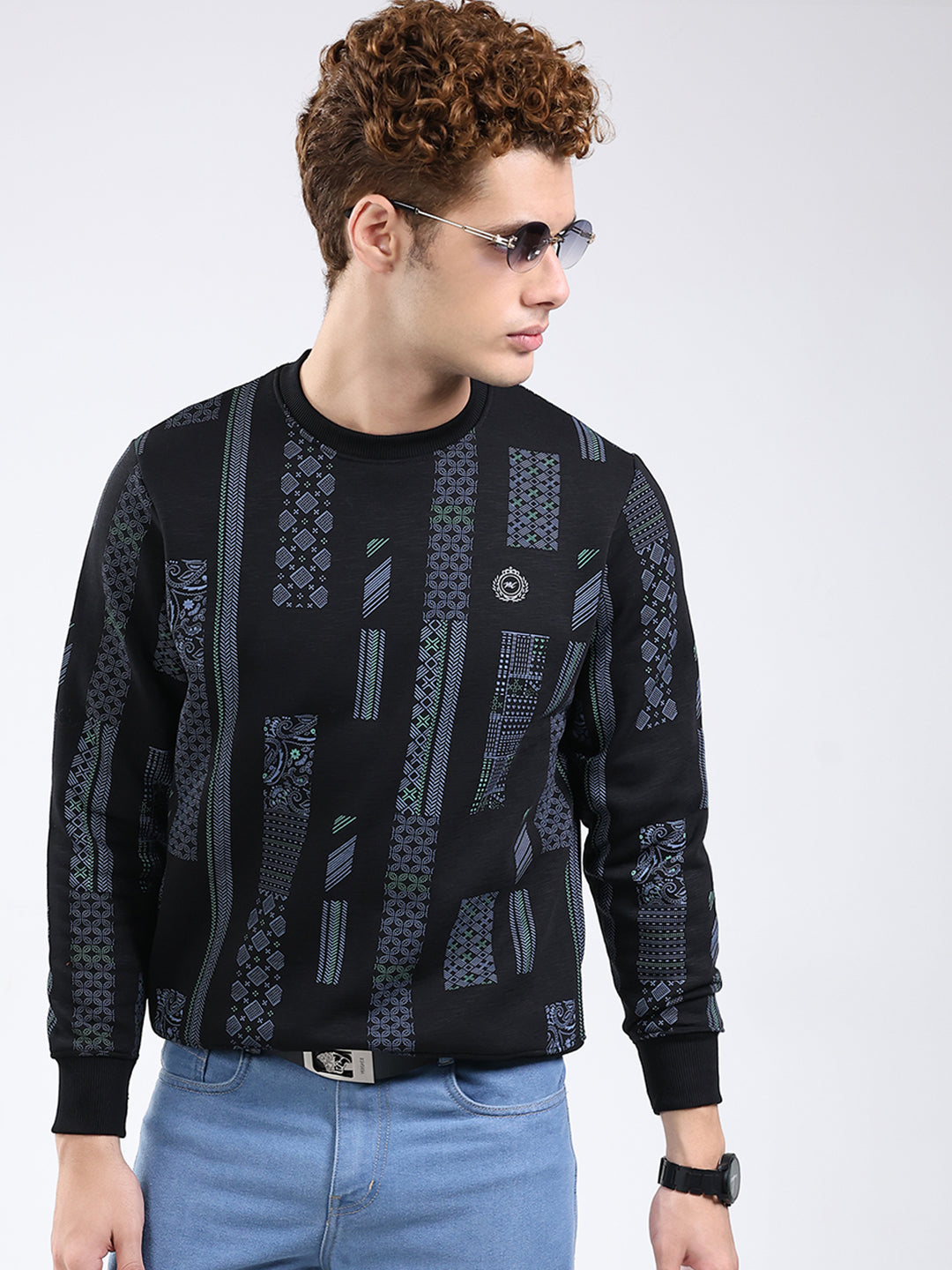 Men Black Printed Round Neck Full Sleeve Sweatshirt
