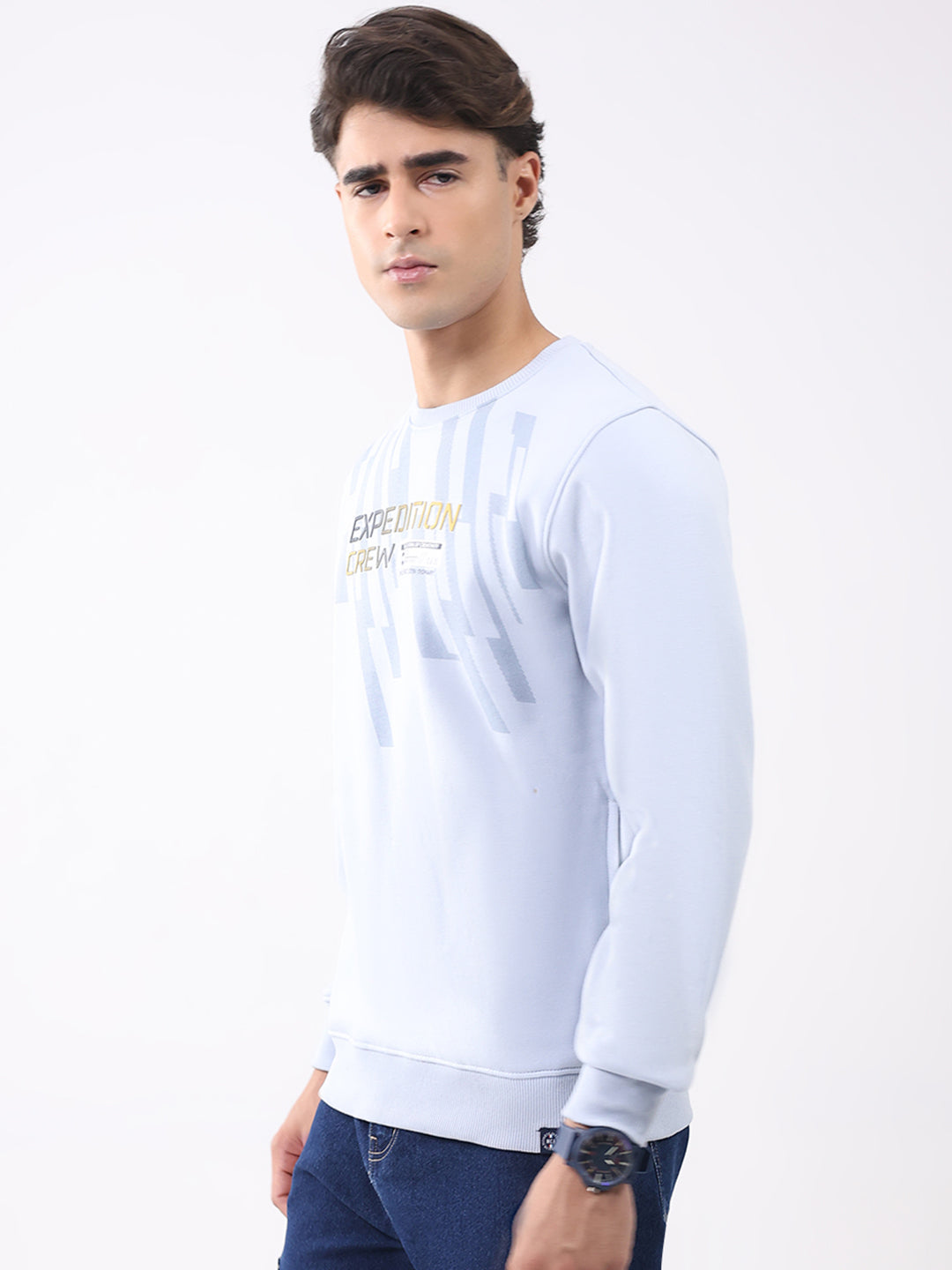 Men Sky Blue Printed Round Neck Full Sleeve Sweatshirt