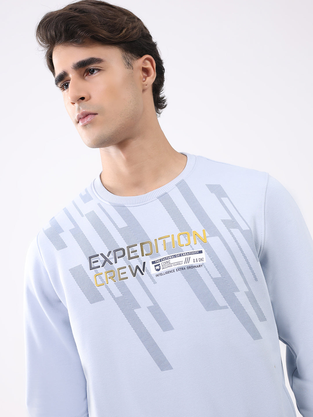 Men Sky Blue Printed Round Neck Full Sleeve Sweatshirt