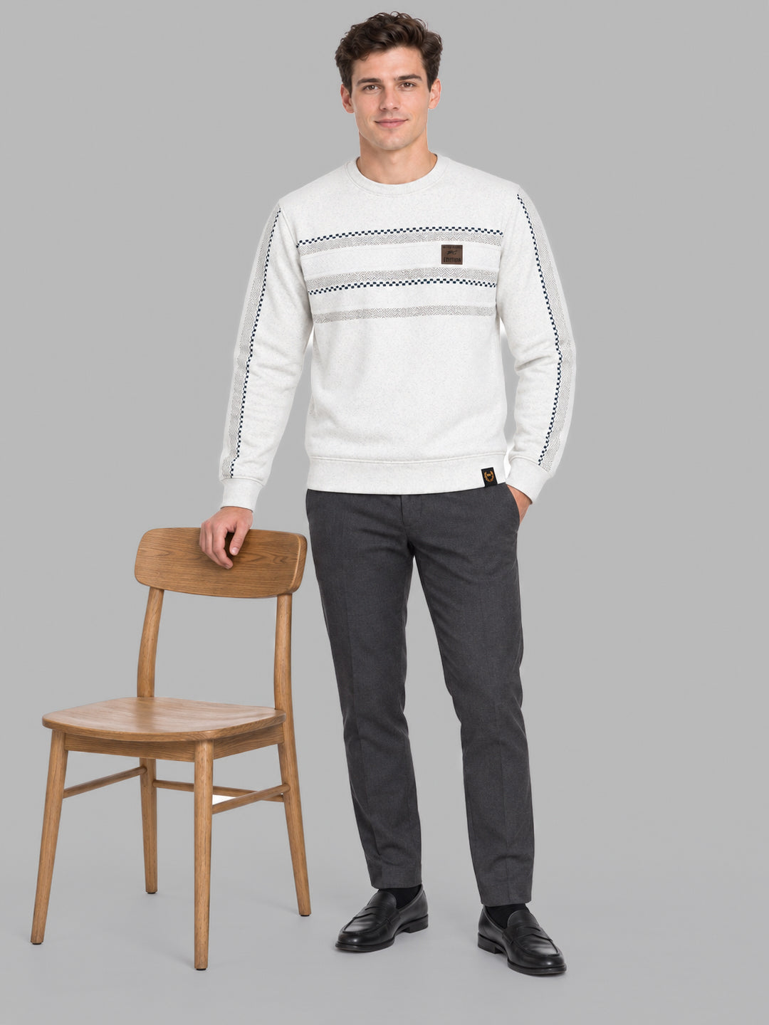 Men Off White Printed Round Neck Full Sleeve Sweatshirt