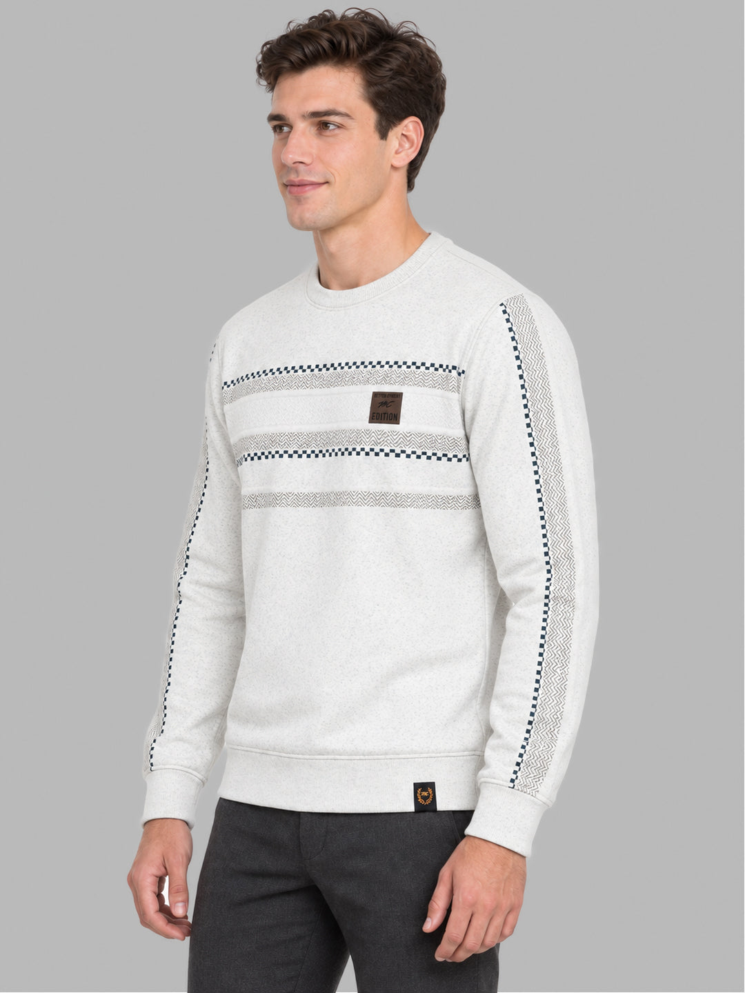 Men Off White Printed Round Neck Full Sleeve Sweatshirt