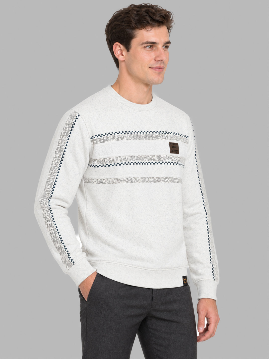 Men Off White Printed Round Neck Full Sleeve Sweatshirt