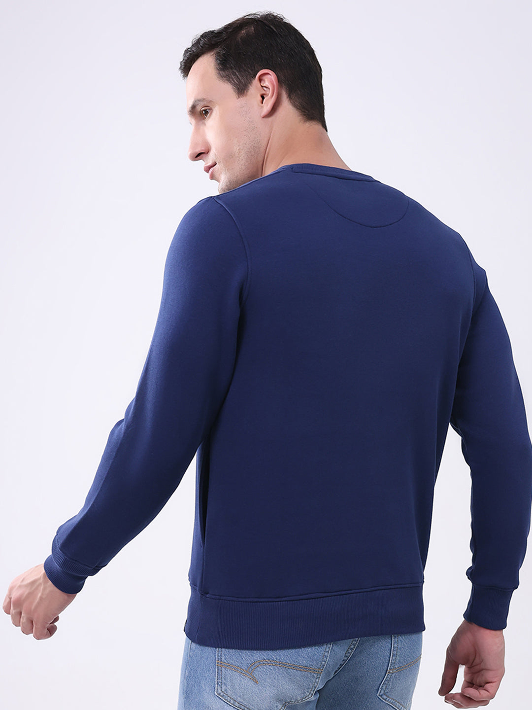 Men Blue Printed Round Neck Full Sleeve Sweatshirt