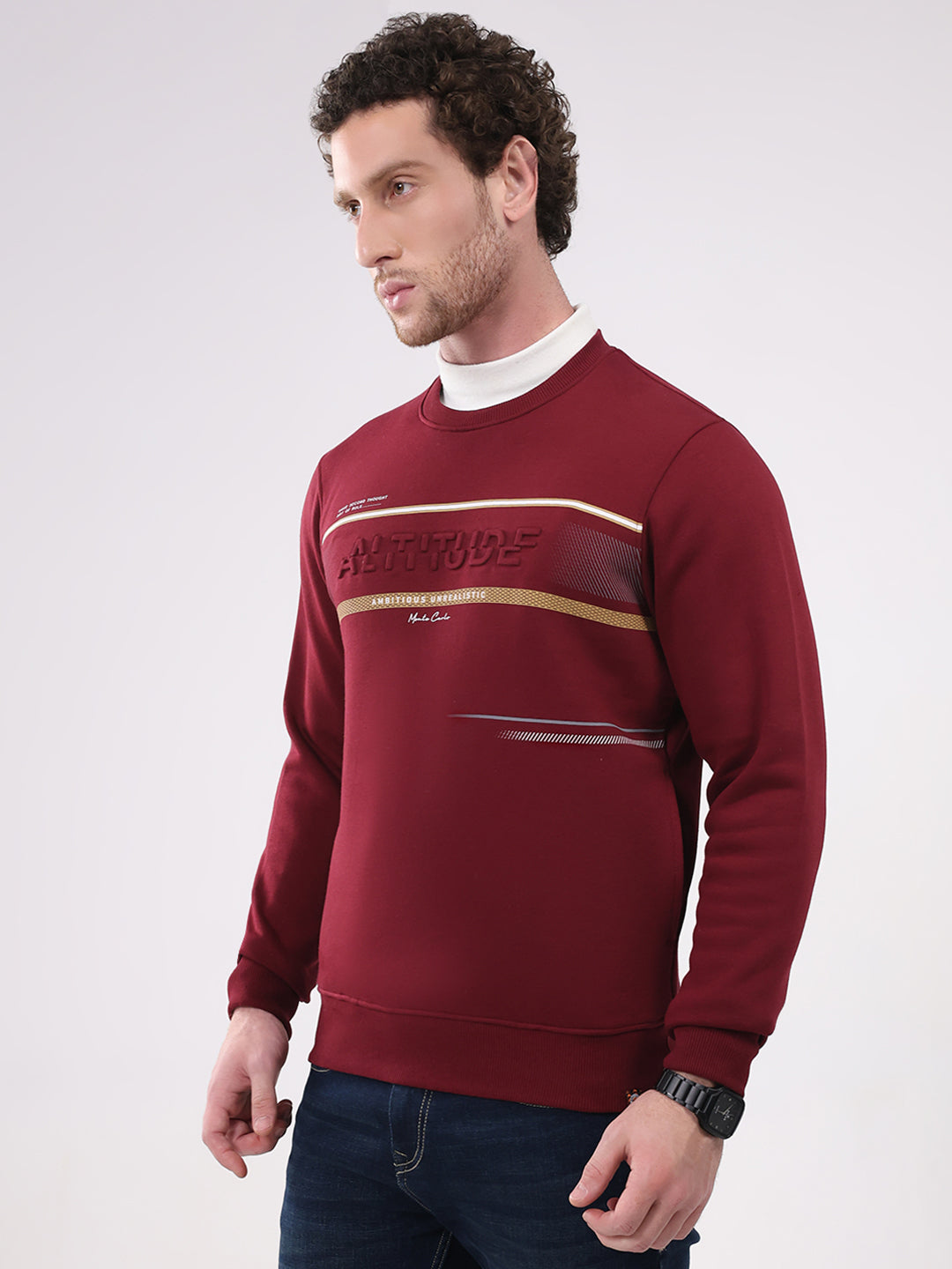 Men Maroon Printed Round Neck Full Sleeve Sweatshirt