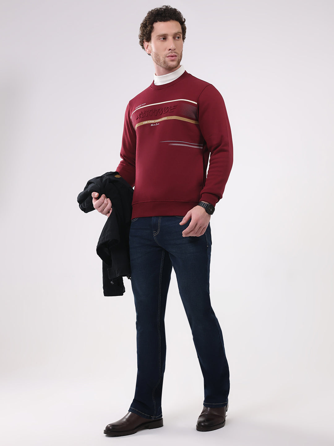 Men Maroon Printed Round Neck Full Sleeve Sweatshirt