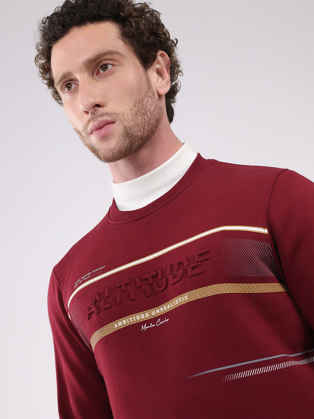 Men Maroon Printed Round Neck Full Sleeve Sweatshirt