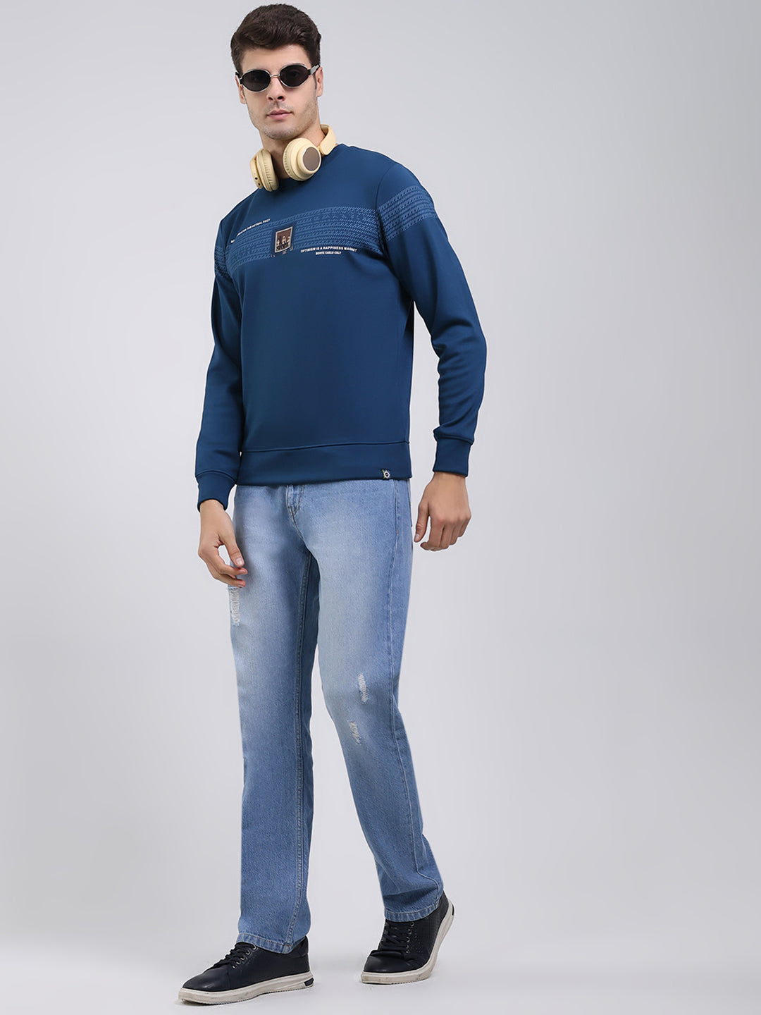 Men Blue Printed Round Neck Full Sleeve Sweatshirt