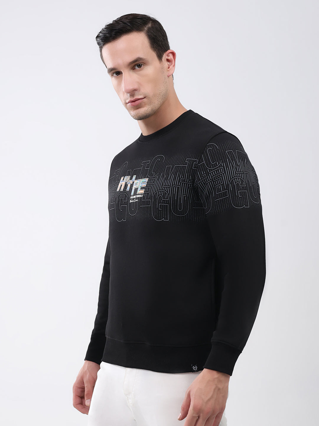 Men Black Printed Round Neck Full Sleeve Sweatshirt