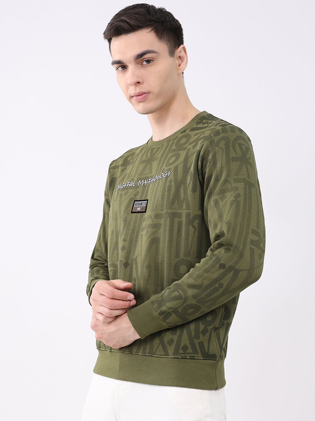 Men Green Printed Round Neck Full Sleeve Sweatshirt