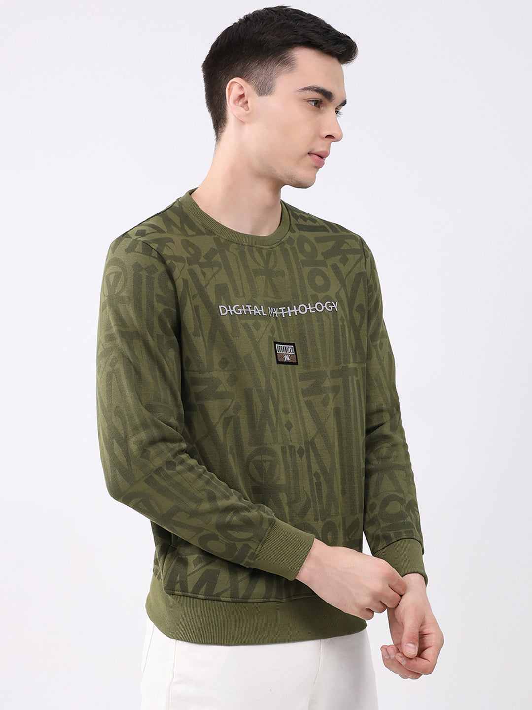 Men Green Printed Round Neck Full Sleeve Sweatshirt