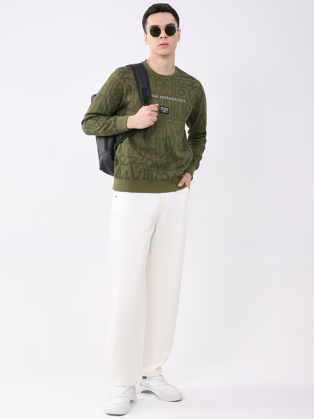 Men Green Printed Round Neck Full Sleeve Sweatshirt