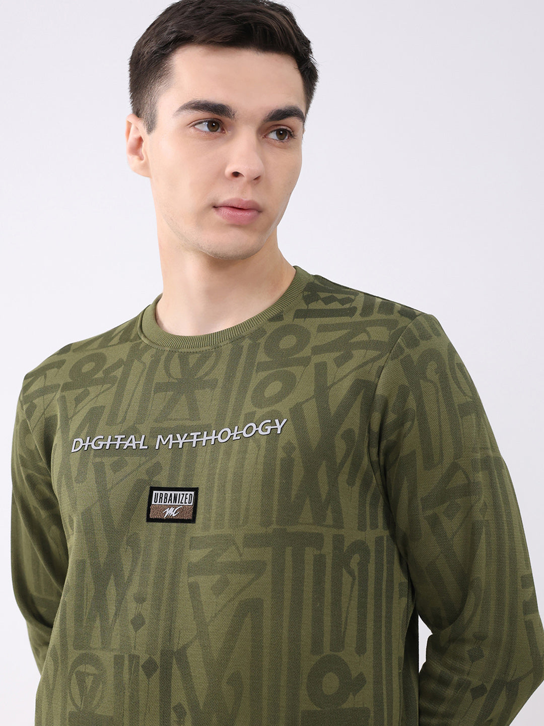 Men Green Printed Round Neck Full Sleeve Sweatshirt
