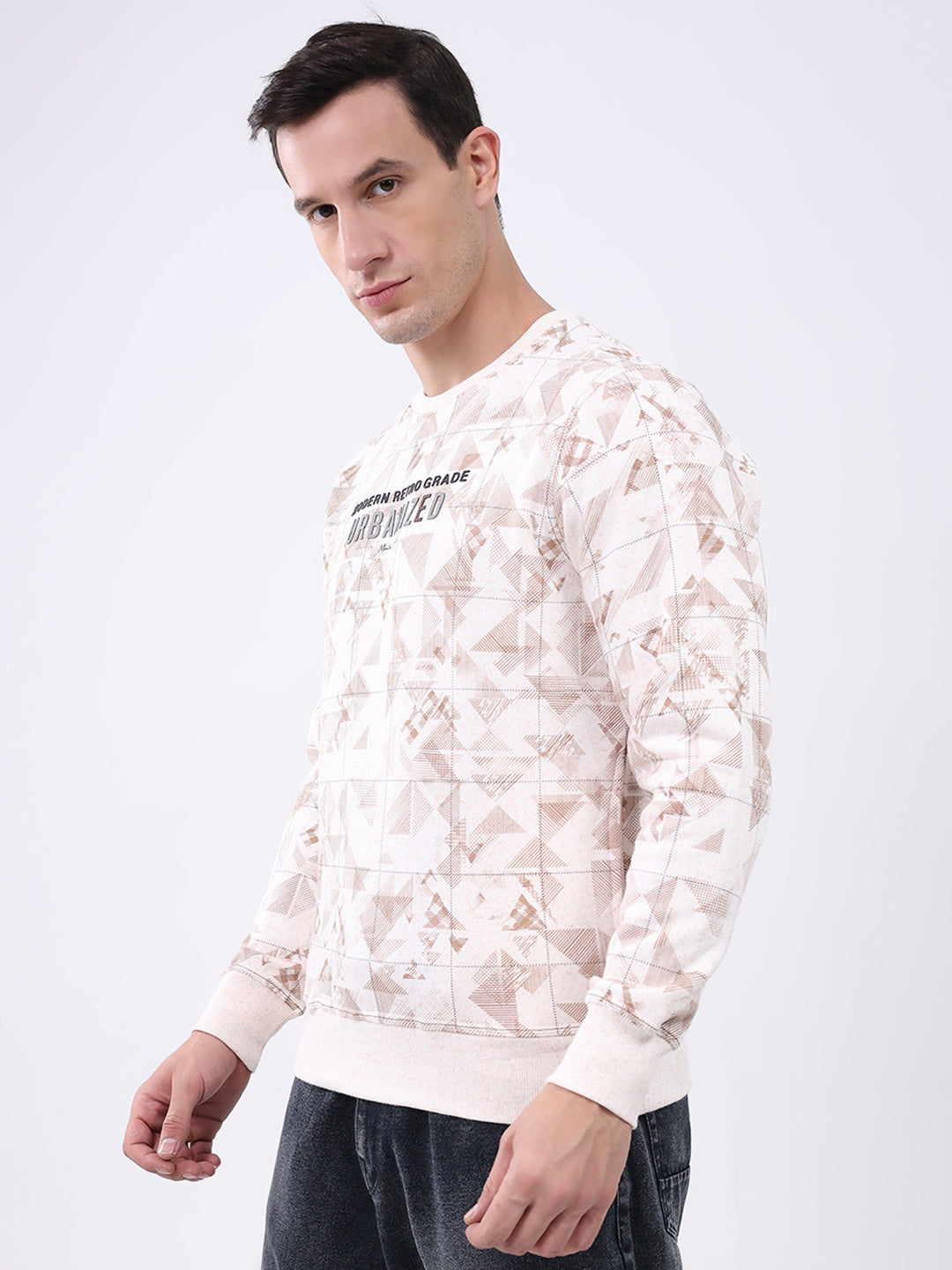 Men Beige Printed Round Neck Full Sleeve Sweatshirt