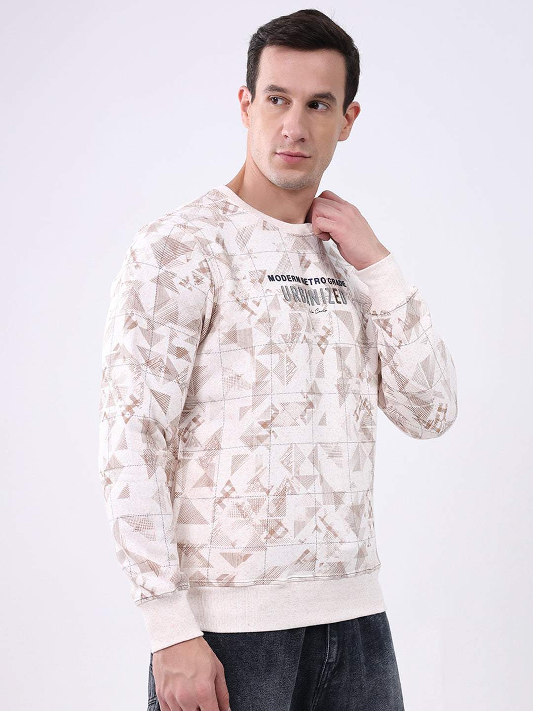 Men Beige Printed Round Neck Full Sleeve Sweatshirt