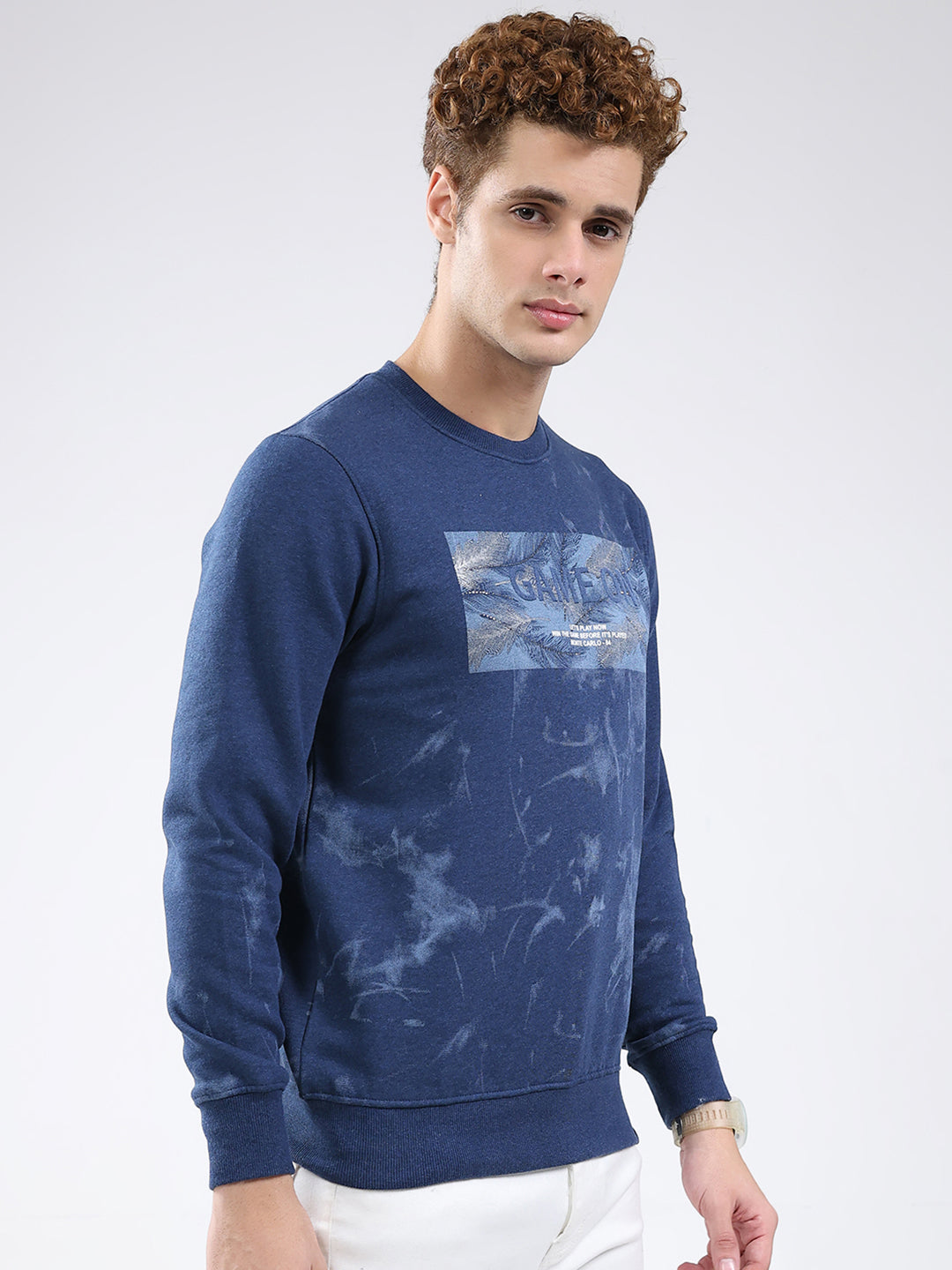 Men Blue Printed Round Neck Full Sleeve Sweatshirt