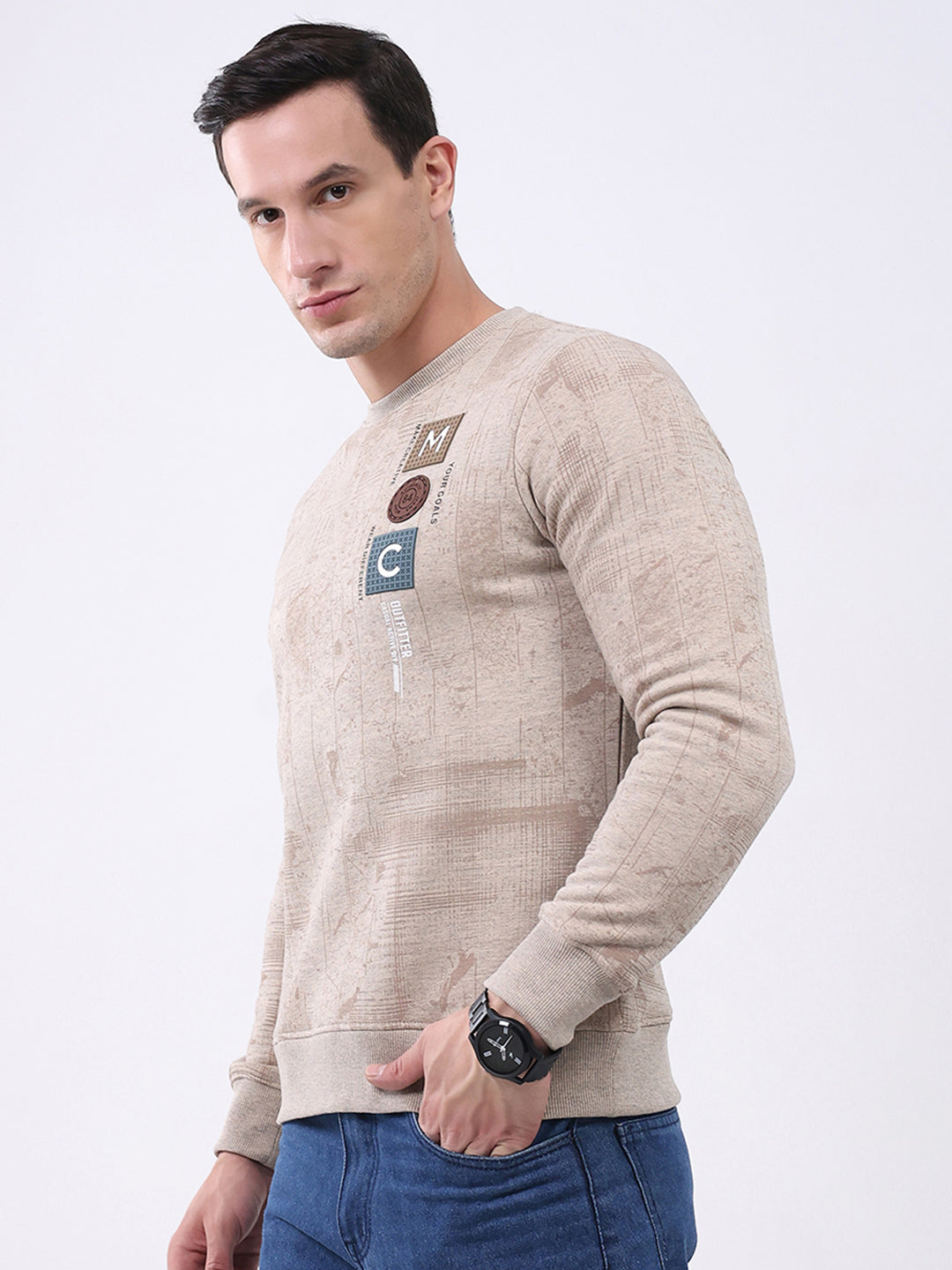 Men Beige Printed Round Neck Full Sleeve Sweatshirt