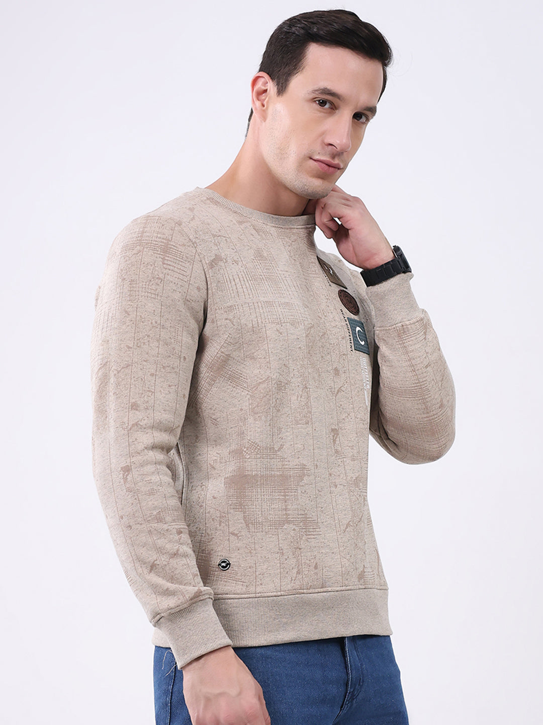 Men Beige Printed Round Neck Full Sleeve Sweatshirt