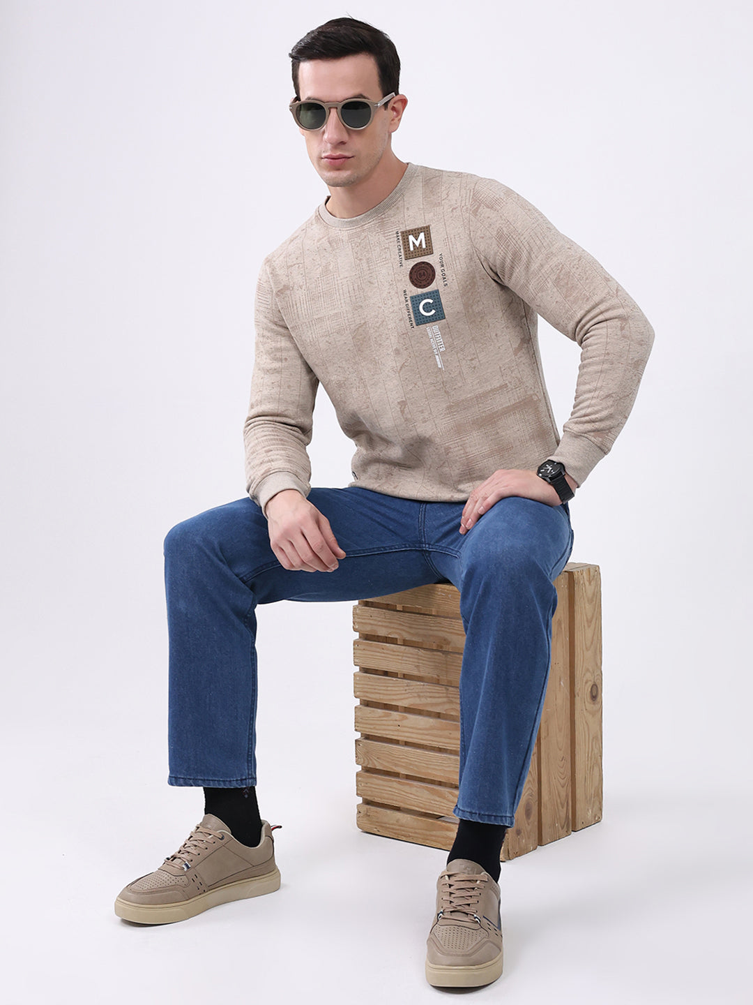 Men Beige Printed Round Neck Full Sleeve Sweatshirt