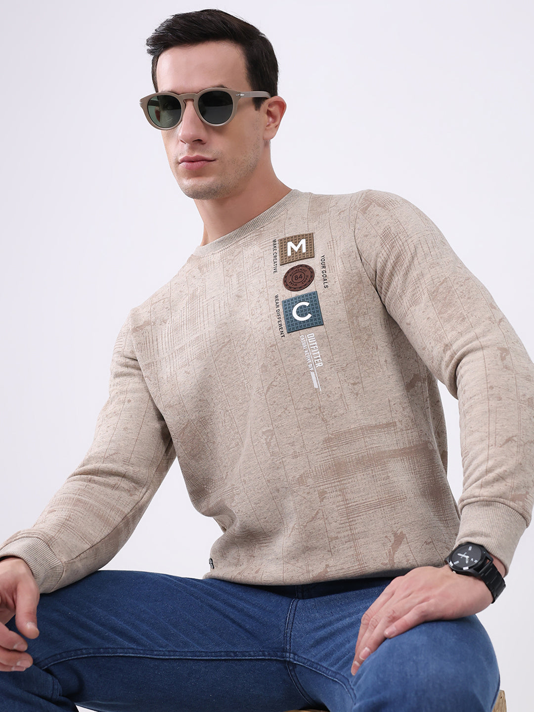 Men Beige Printed Round Neck Full Sleeve Sweatshirt