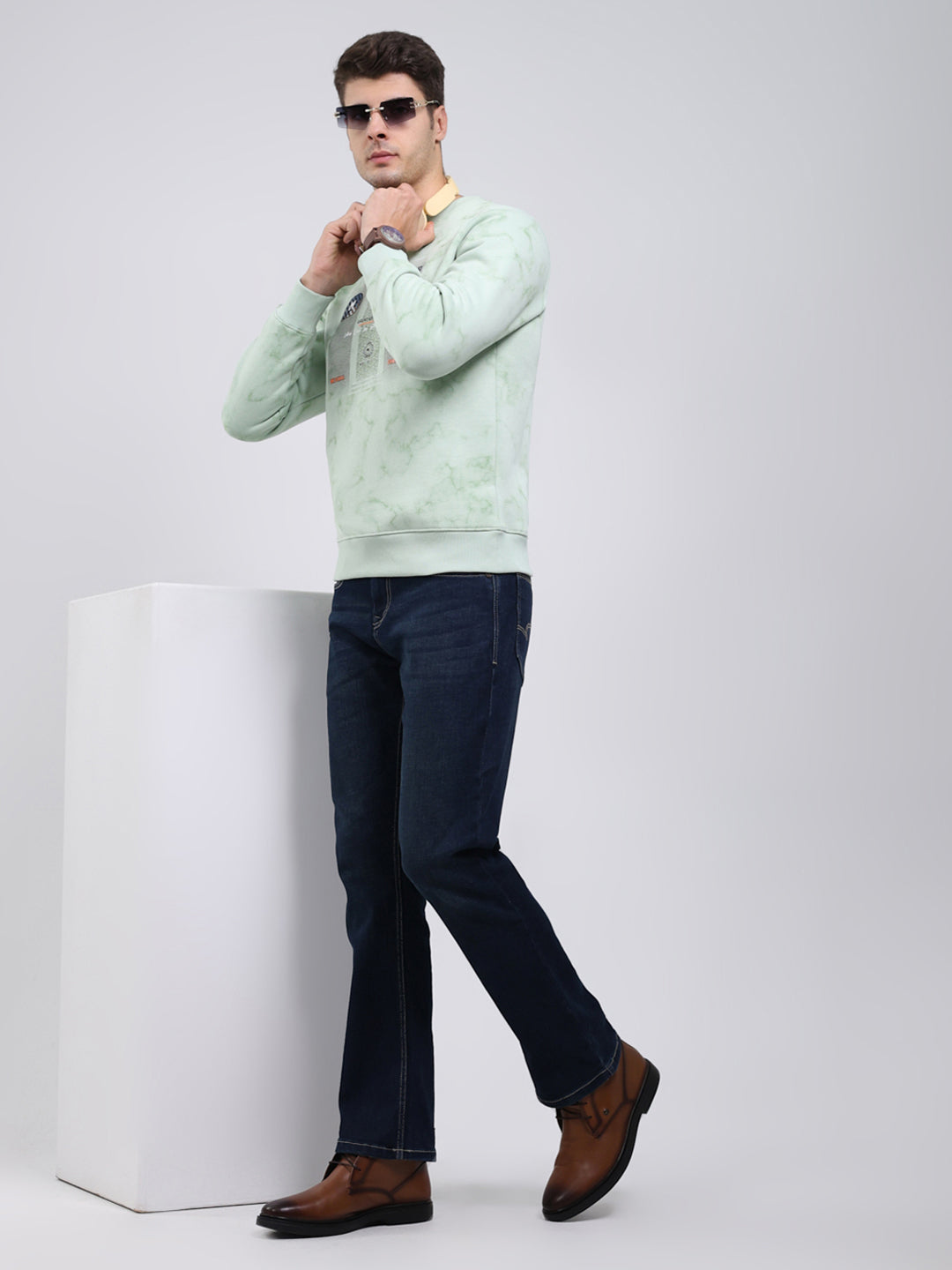 Men Mint Green Printed Round Neck Full Sleeve Sweatshirt