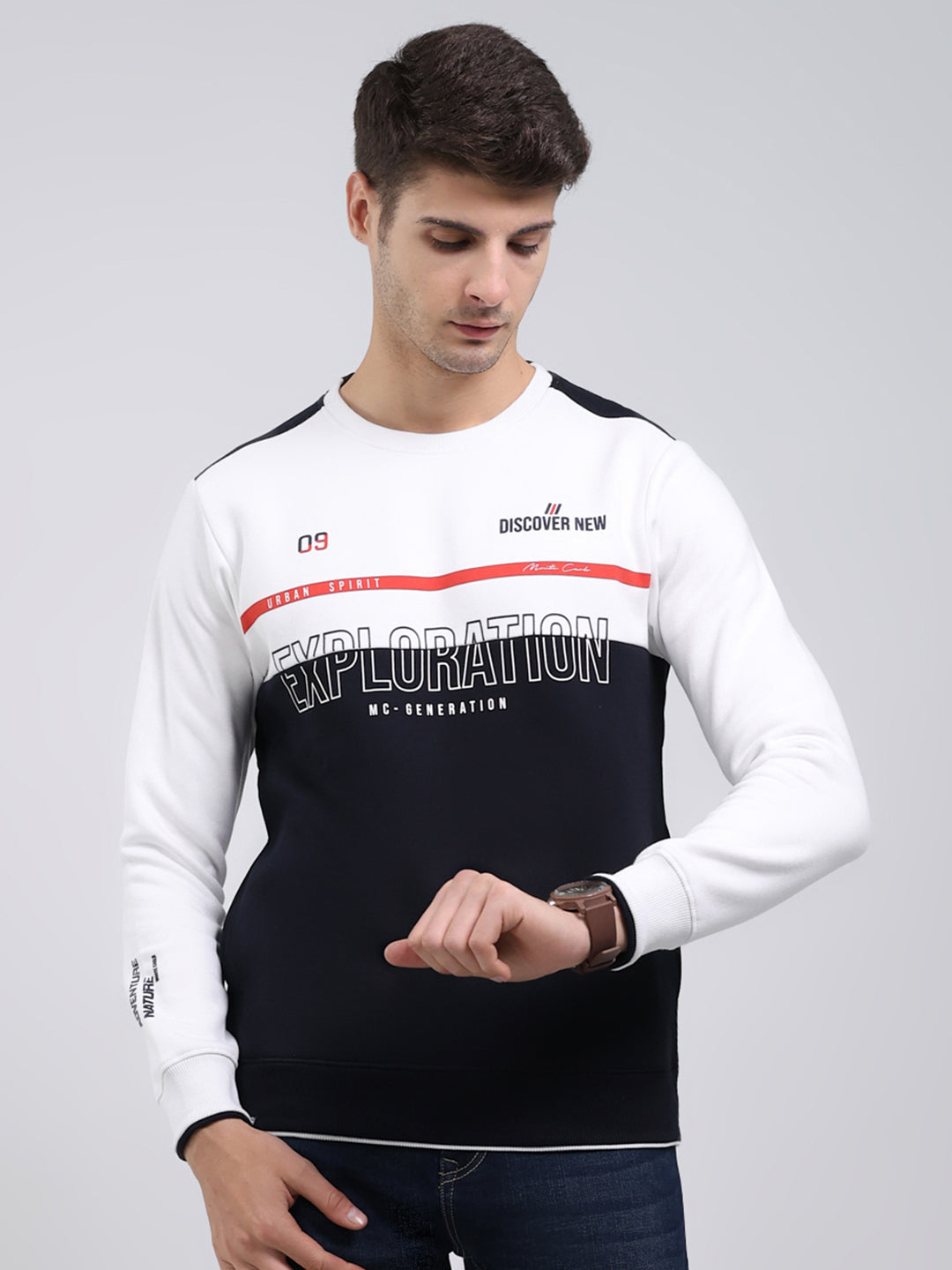 Men Navy Blue Printed Round Neck Full Sleeve Sweatshirt