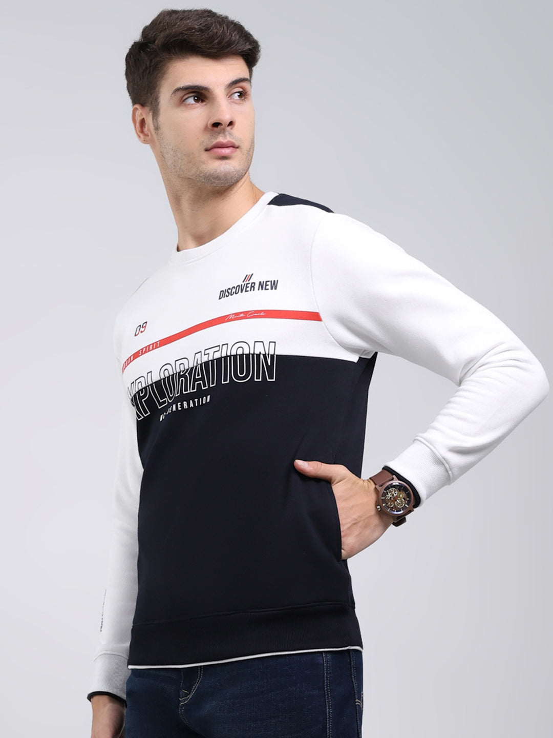 Men Navy Blue Printed Round Neck Full Sleeve Sweatshirt